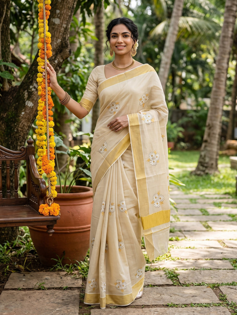 A woman wearing a light beige and yellow saree with floral embroidery stands outdoors in a garden setting next to a hanging marigold garland.