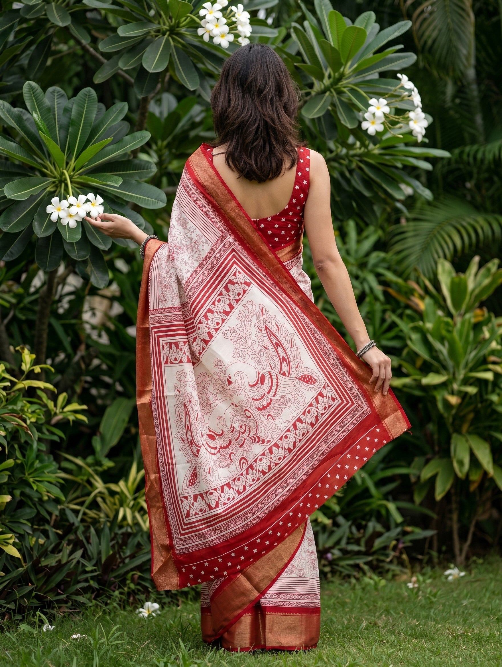 Synthetic White Red Peacock Kalamkari Printed Saree with Red Zari Border