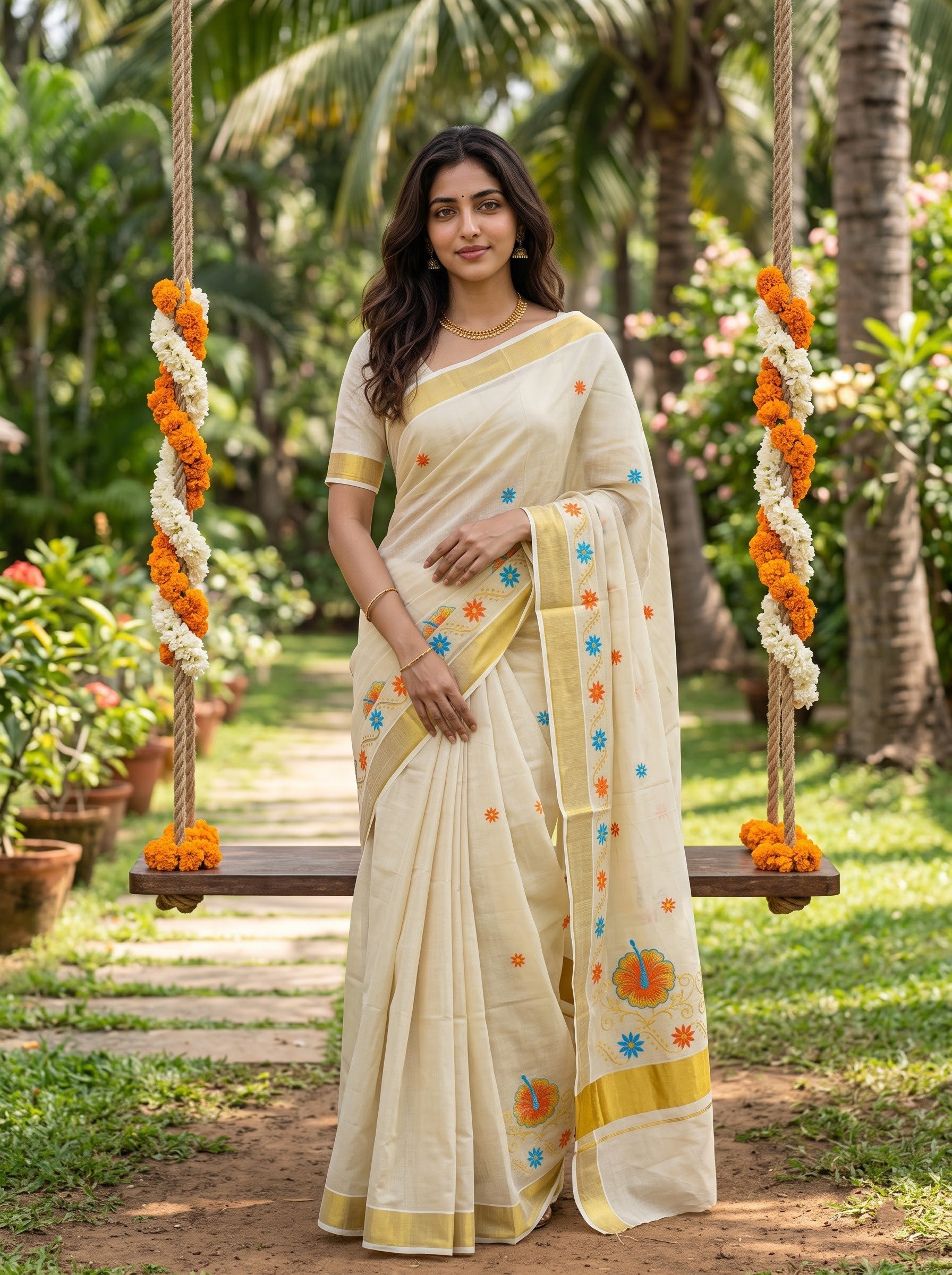 Tissue Cream Hibiscus Embroidery  with Golden Border Onam Special Kerala Saree