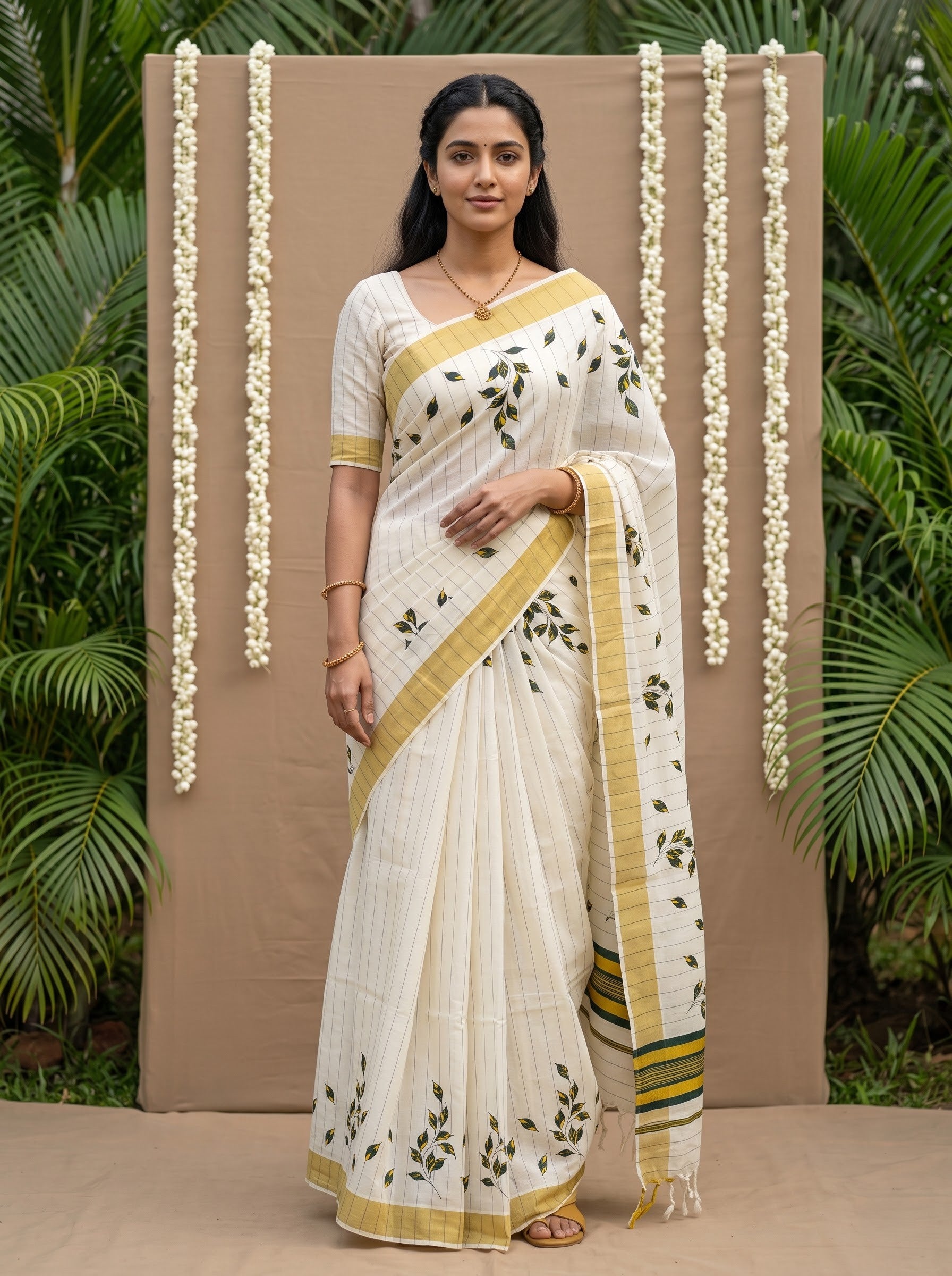 Cotton Cream Green Leaf Vine Print with Golden Zari Border Onam Special Kerala Saree