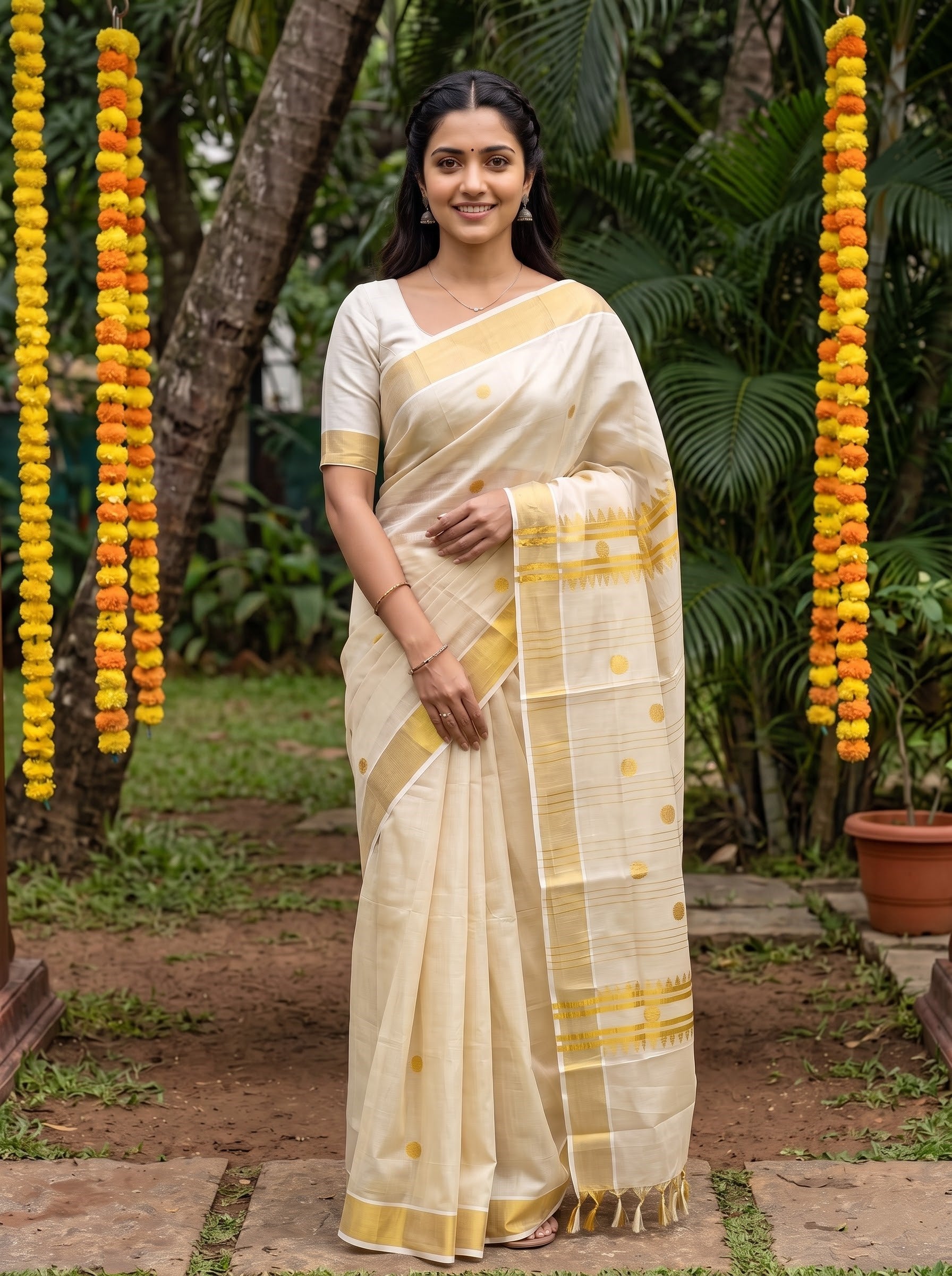 Tissue Cream Golden Polka Dot Zigzag Pallu Onam Kerala Saree