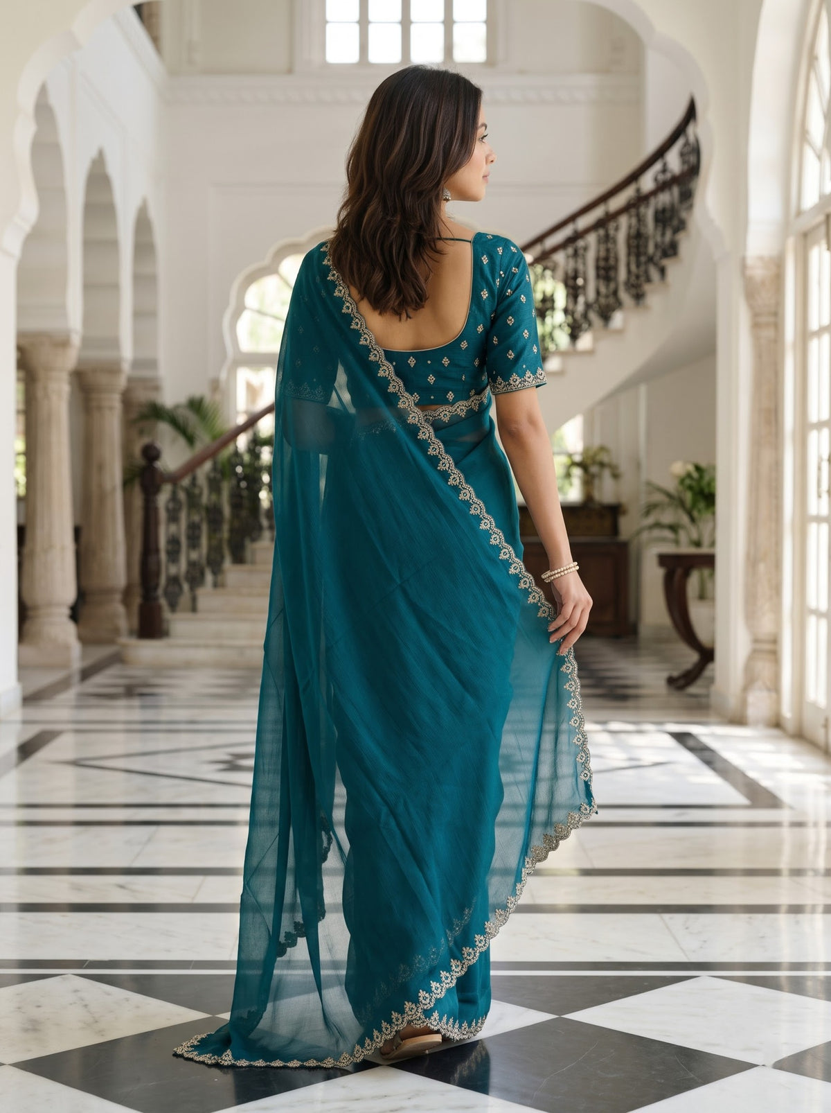 Chiffon Teal Green Solid Saree with Sparkle Stone Embellished Lace Border