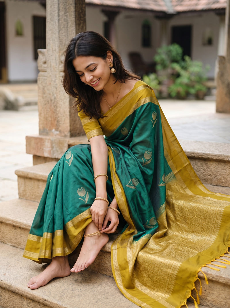 A woman sitting on stone steps outdoors, wearing a green and mustard yellow silk saree with woven floral motifs and a matching blouse.