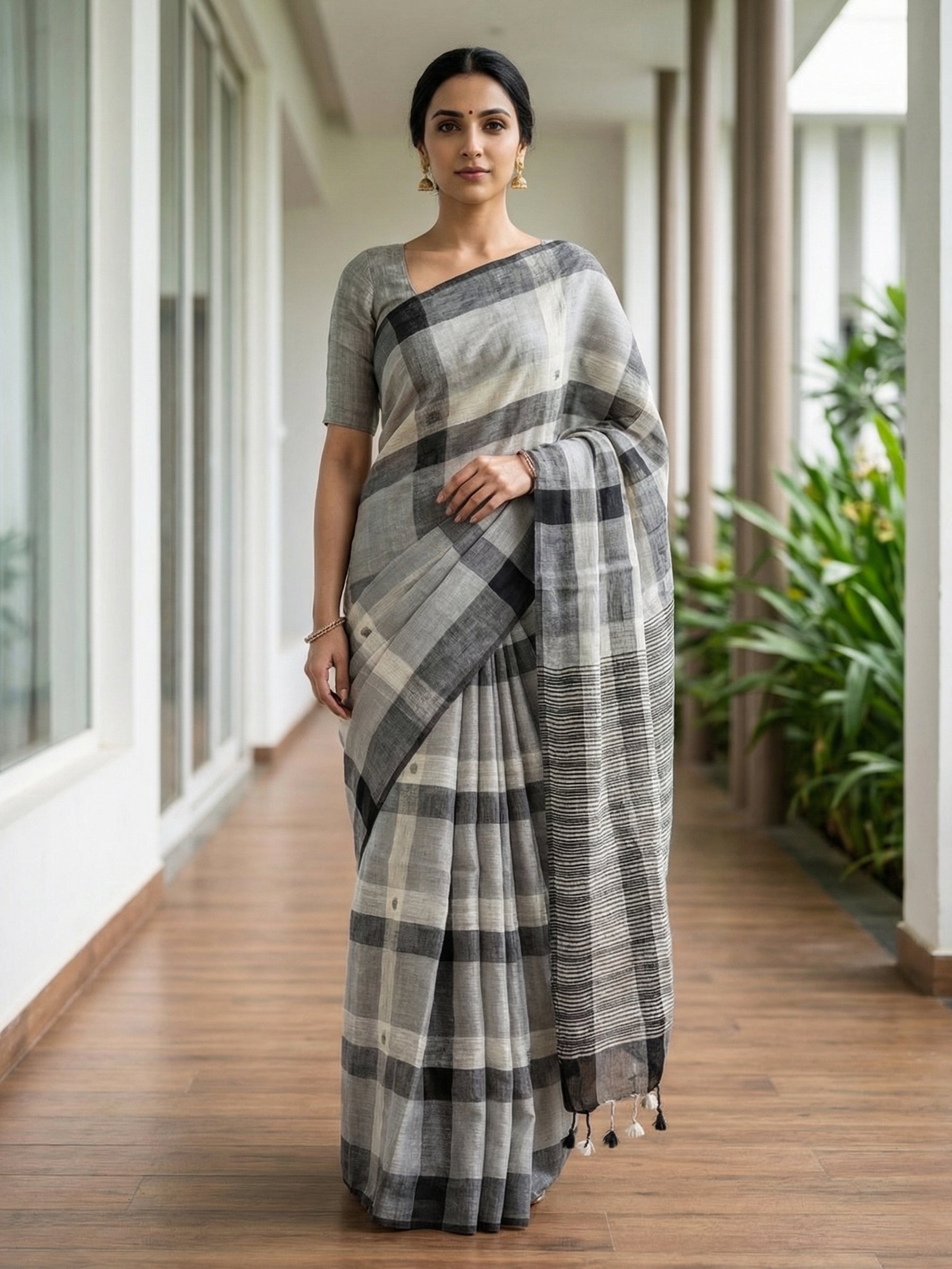 Woman wearing a checkered saree in a well-lit room with plants