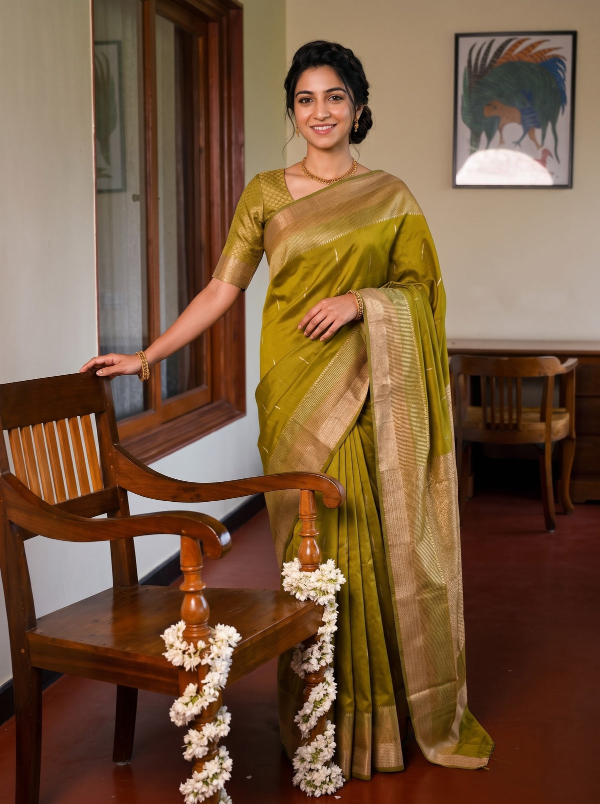 Semi Silk Olive Green Golden Zari Butta Saree with Zari Jaal Pallu