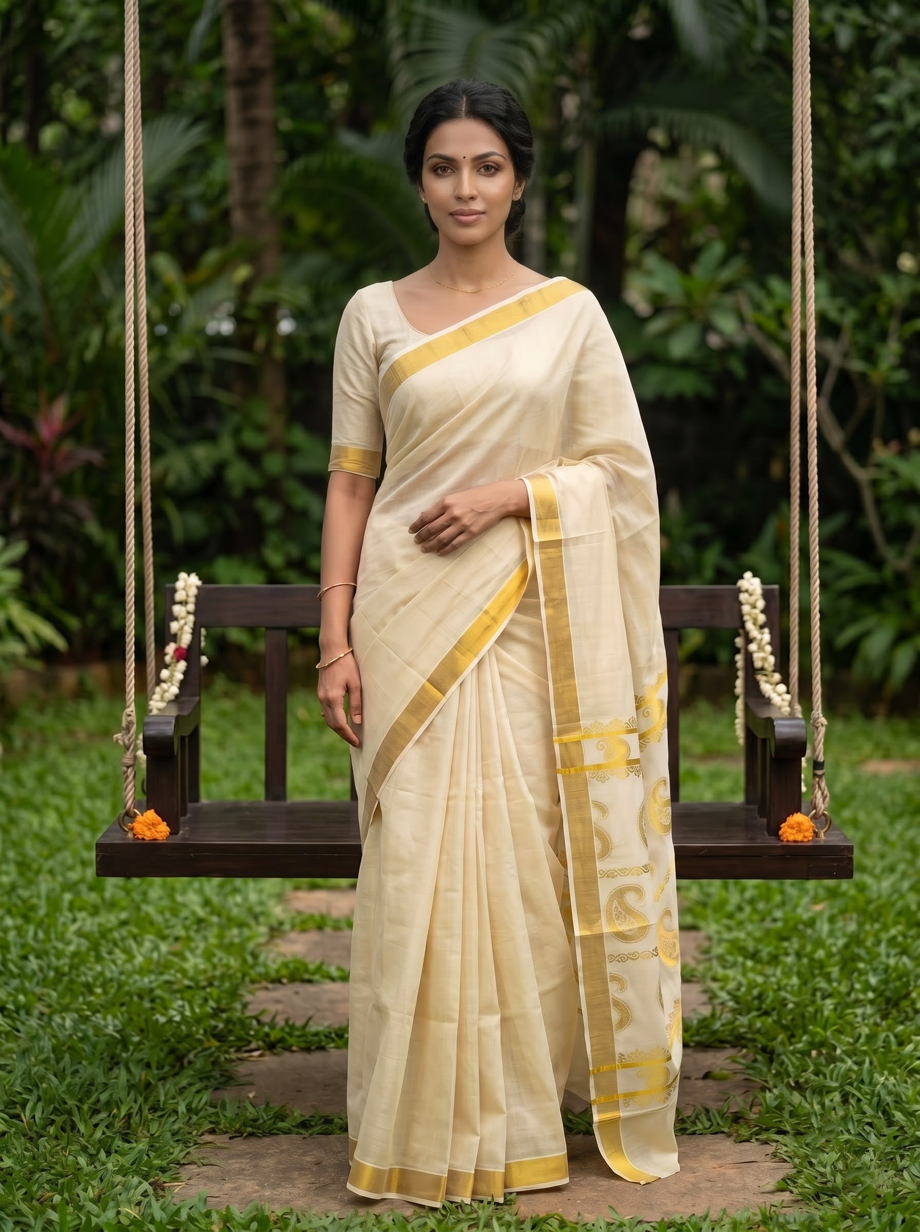 Tissue Cream Tone-on-Tone Golden Paisley Print with Golden Border Onam Special Kerala Saree