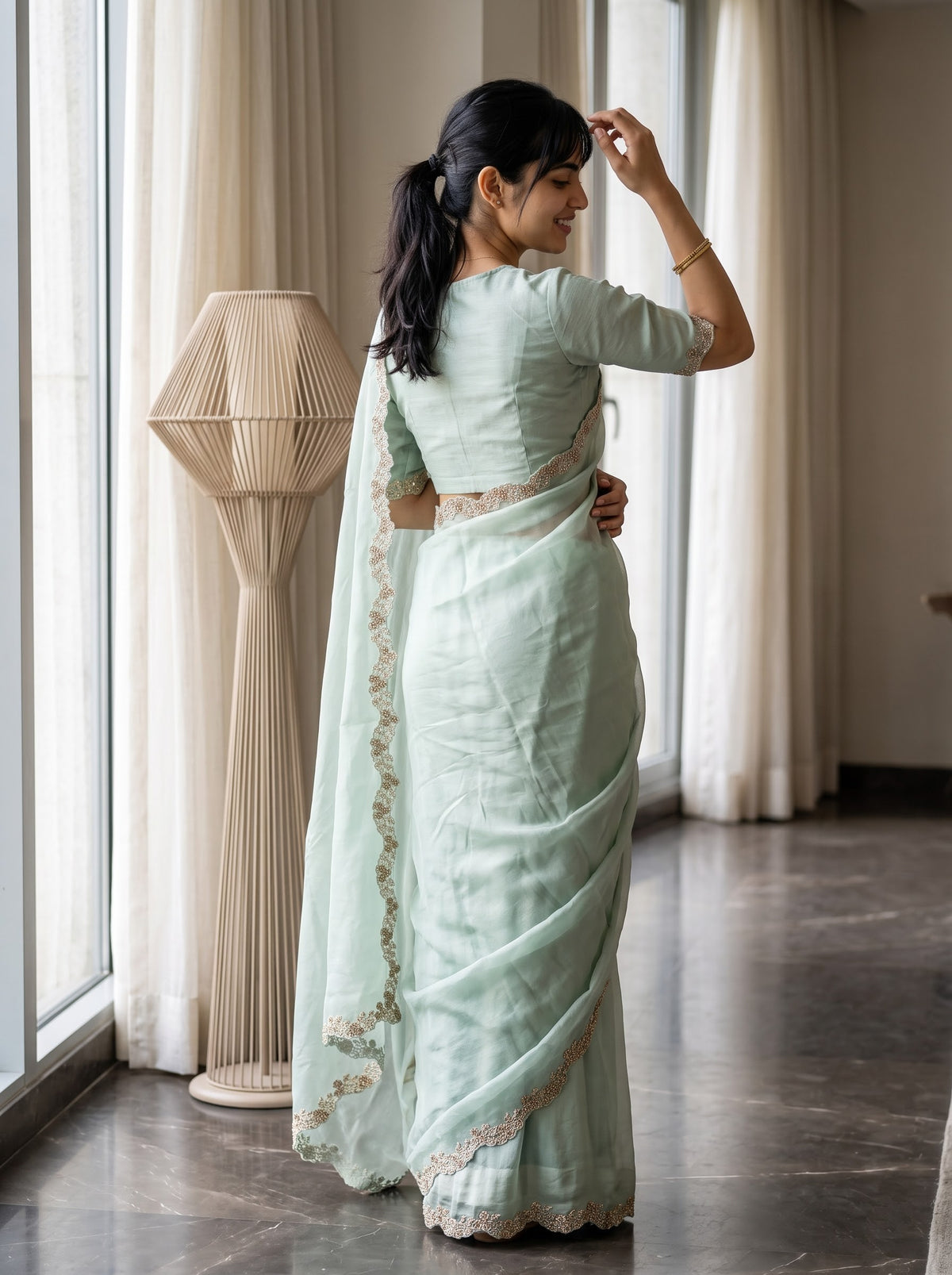 Satin Mint Green Saree with Floral Vine Stone Work Scalloped Border