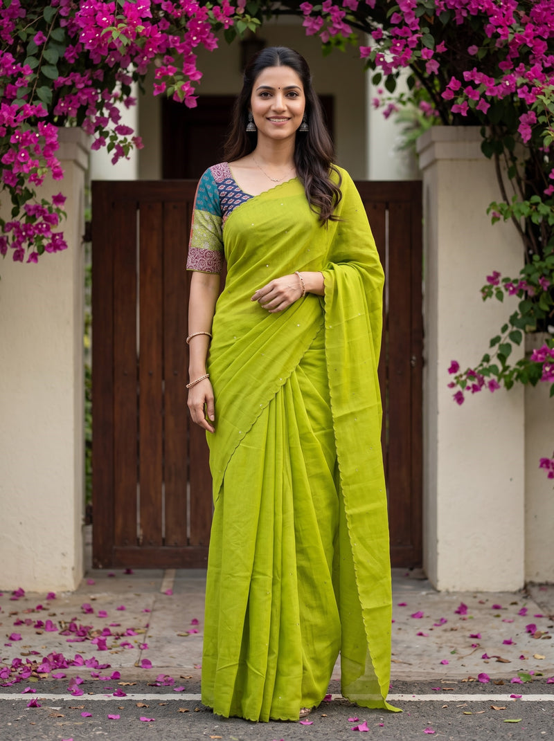 A woman wearing a bright lime green silk saree with a multicolored printed sleeve, standing in front of a rustic wooden door framed by pink bougainvillea flowers.