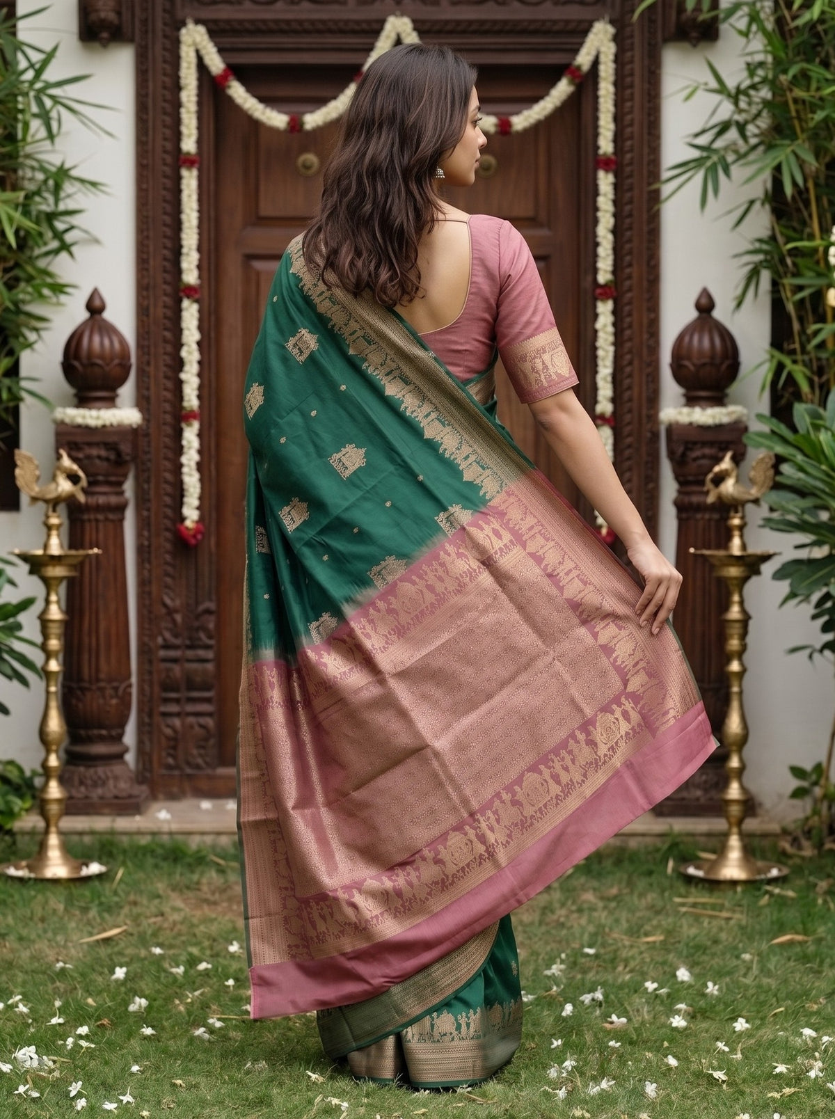 A woman wearing a green and dusty pink silk saree with gold zari embroidery, standing in front of a traditional wooden door decorated with garlands.