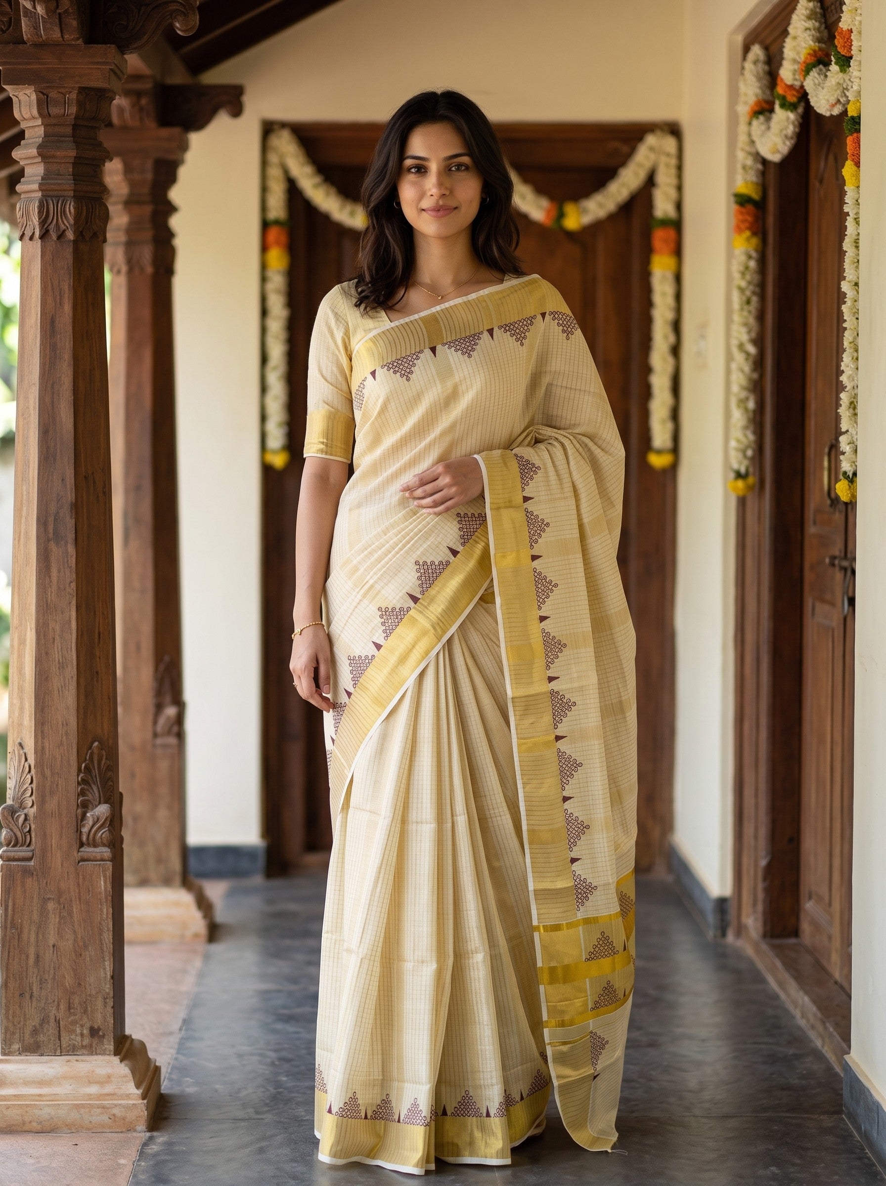 A woman wearing a cream-colored cotton saree with yellow and brown geometric patterns, standing in a traditional corridor with wooden pillars and garlands.