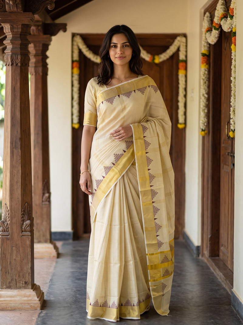 A woman wearing a cream-colored cotton saree with yellow and brown geometric patterns, standing in a traditional corridor with wooden pillars and garlands.