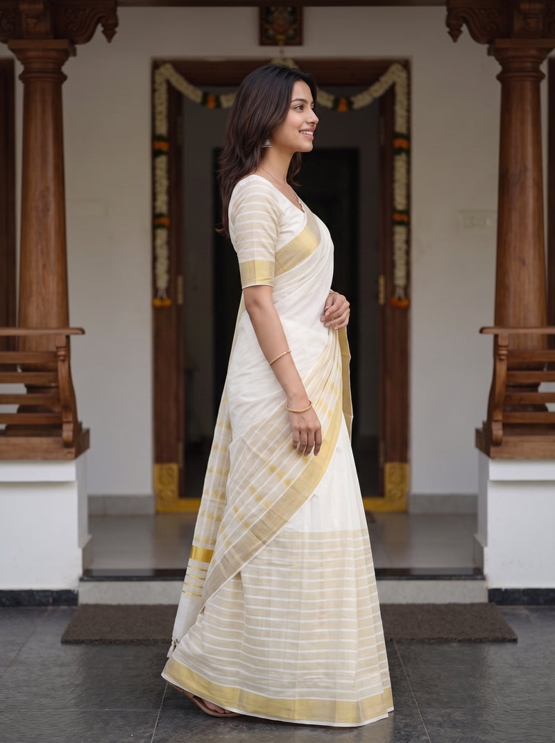 A woman wearing a white and gold striped saree stands in profile in front of a traditional doorway with wooden pillars.