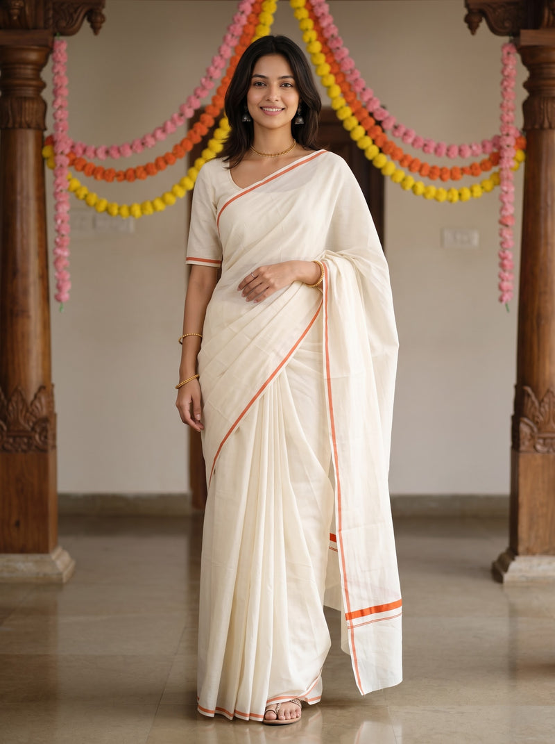 A woman wearing a cream-colored cotton saree with orange border stripes, standing in a decorated indoor space with wooden pillars and colorful garlands.