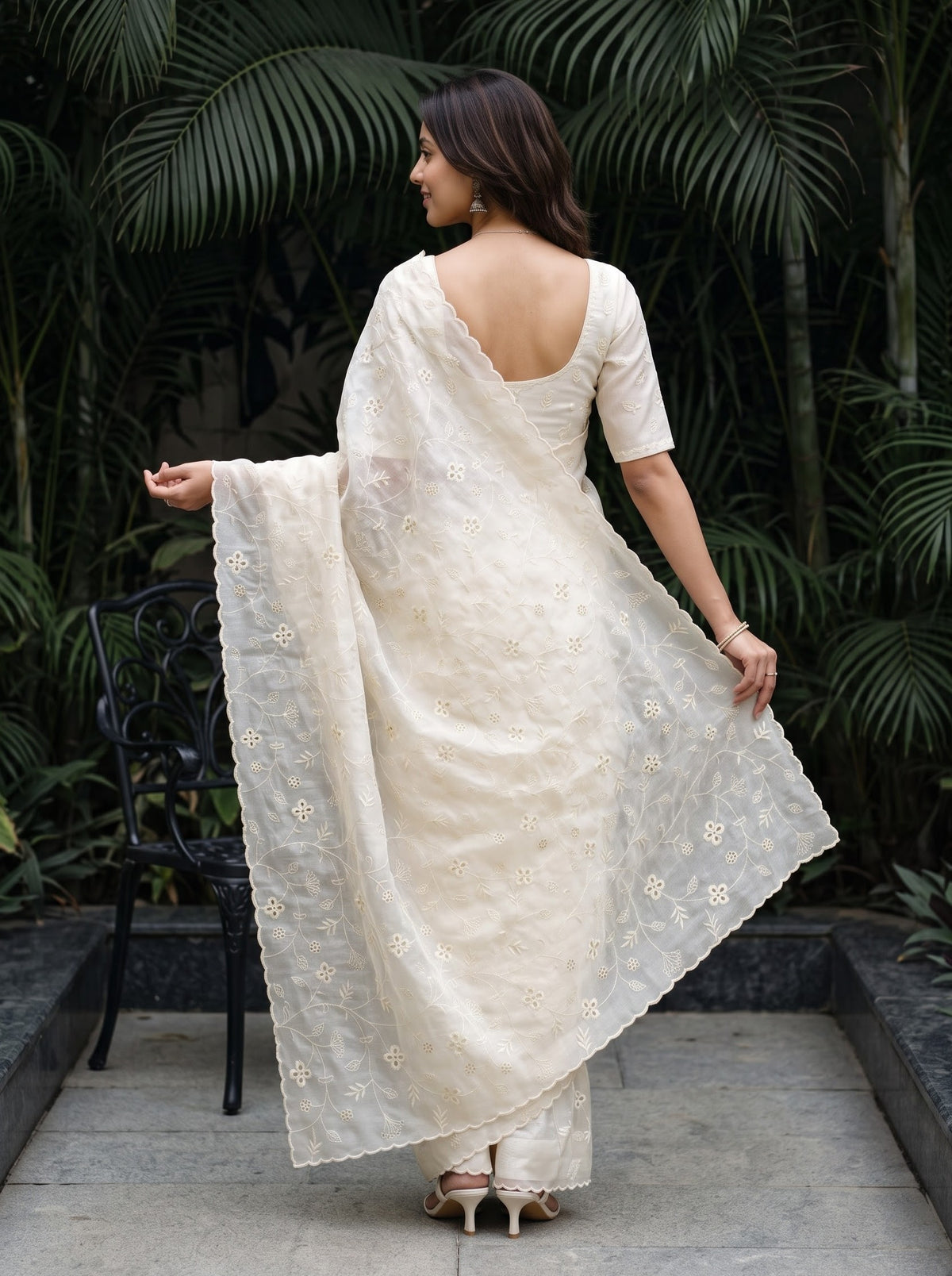 Tissue Silk Ivory Saree with Embroidered Vine and Scalloped Border