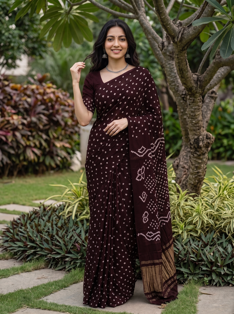 A woman stands outdoors in a garden wearing a dark maroon/burgundy saree with small white tie-dye dots and a patterned border. The background features green grass, plants, and trees.