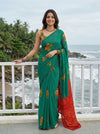 Georgette Sea Green Bandhej Print Saree with Contrast Red Pallu