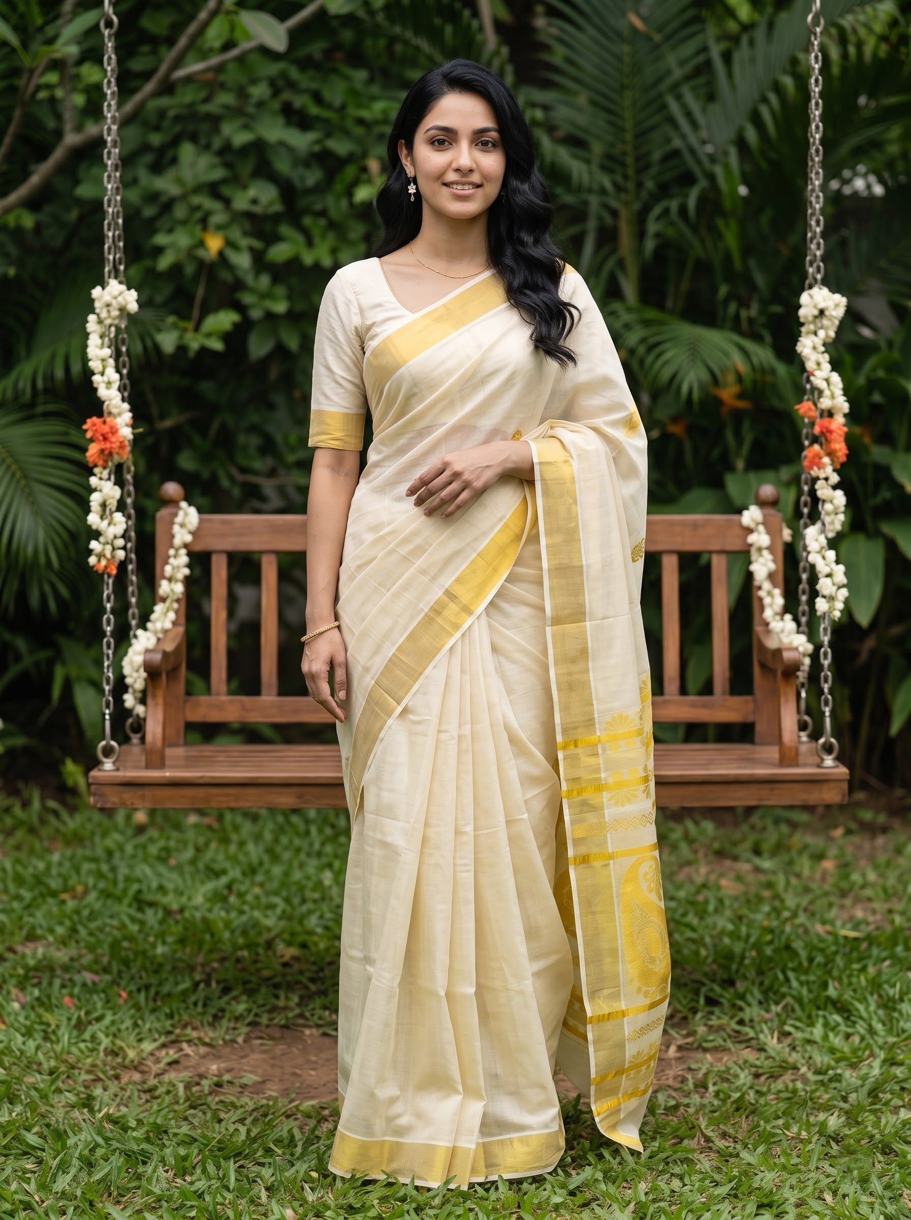 Tissue Cream Golden Woven Paisley Pallu Onam Special Kerala Saree with Temple Butti
