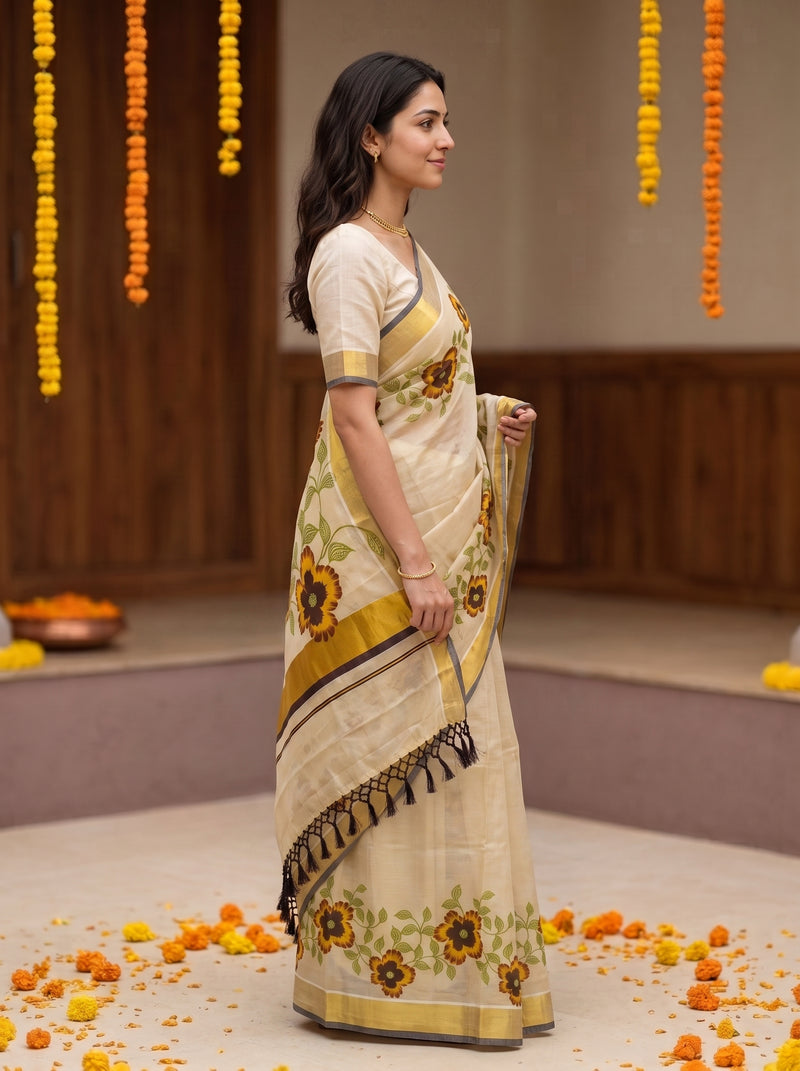 A woman wearing a cream-colored saree with yellow and green floral patterns and black tassels, standing in a decorated indoor setting with marigold garlands.