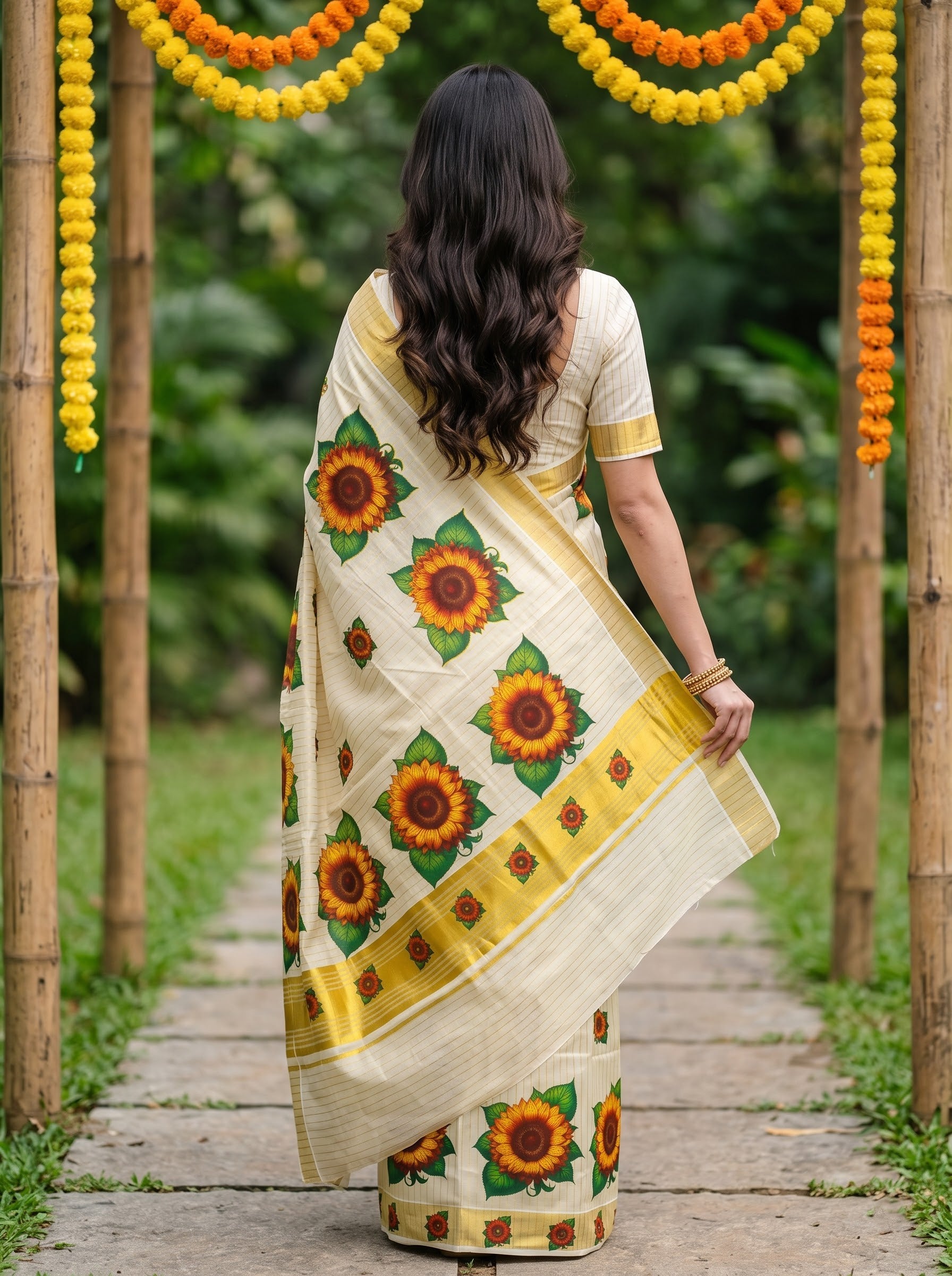 Tissue Cream Pinstripe Sunflower Print with Golden Zari Border Onam Special Kerala Saree