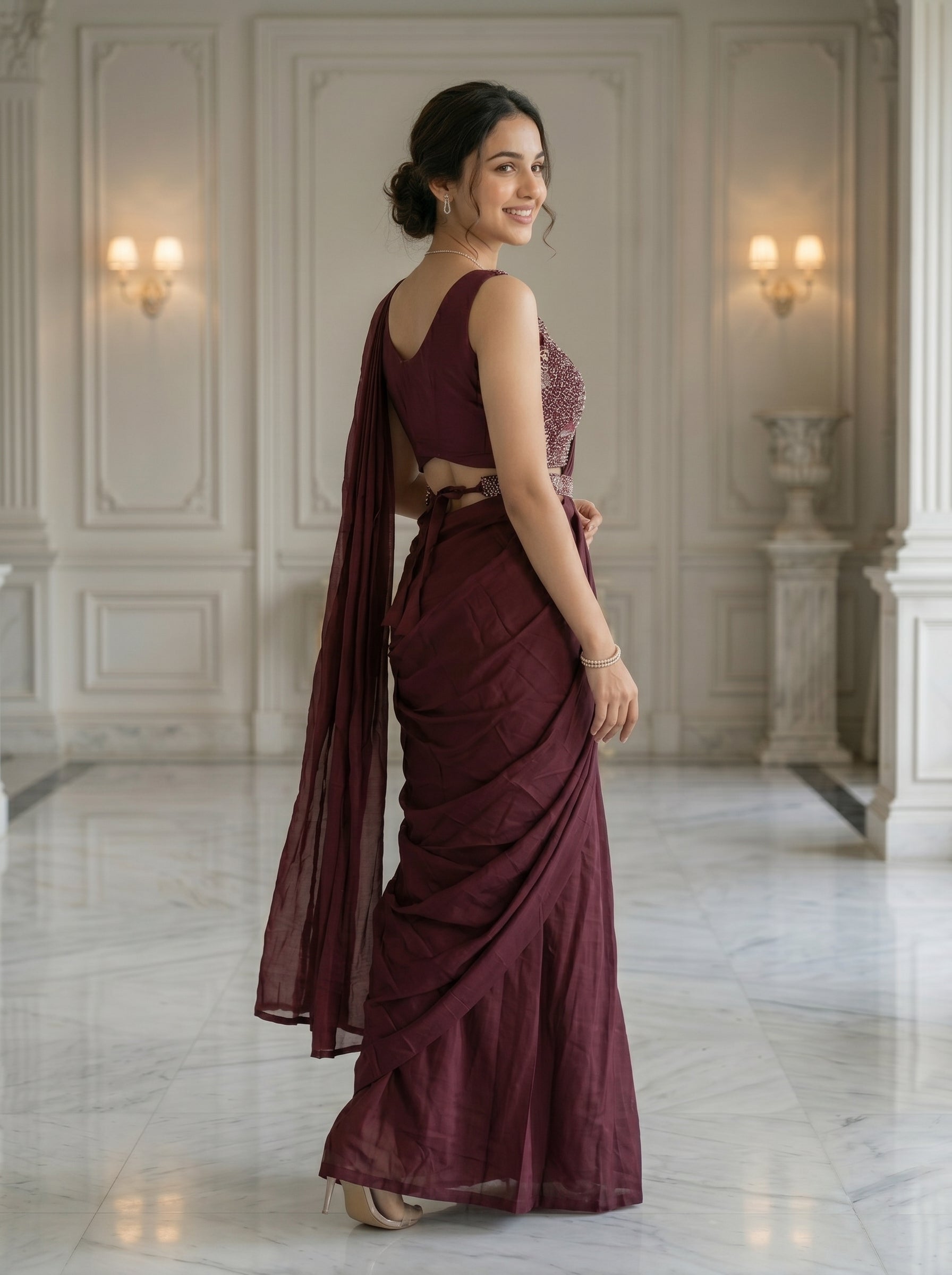 Satin Organza Wine Maroon Ready-to-Wear Designer Saree with Sequins Embroidered Blouse
