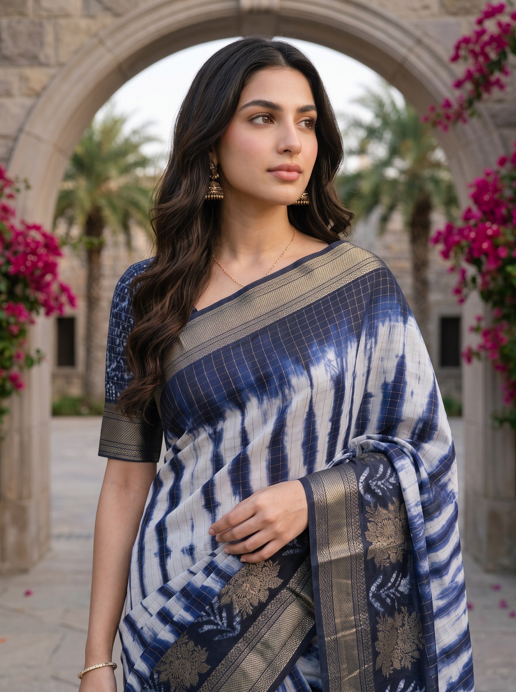 A woman wearing a blue and white tie-dye patterned saree with a metallic gold border, standing in front of a stone archway with pink flowers.