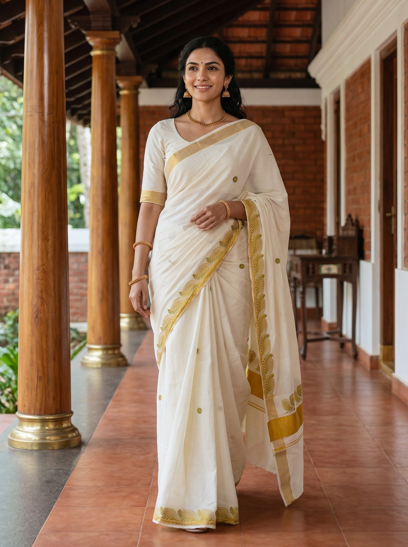 A woman wearing a white cotton saree with gold border and motifs, standing on a traditional porch with wooden pillars and brick walls.