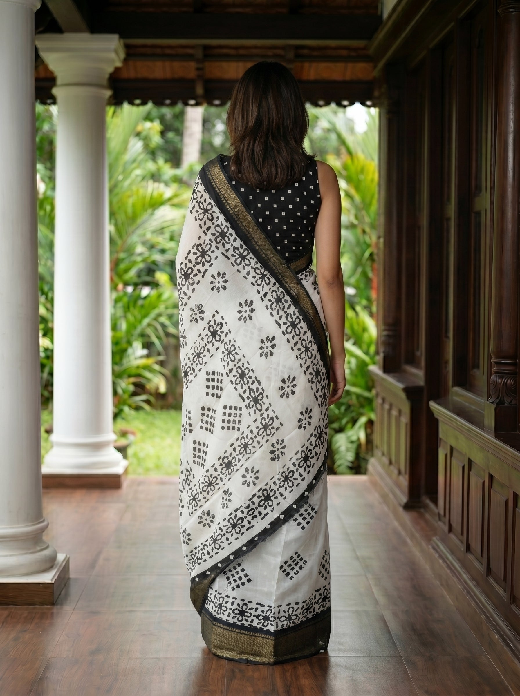 Synthetic White Black Geometric Block Printed Saree with Black Zari Border