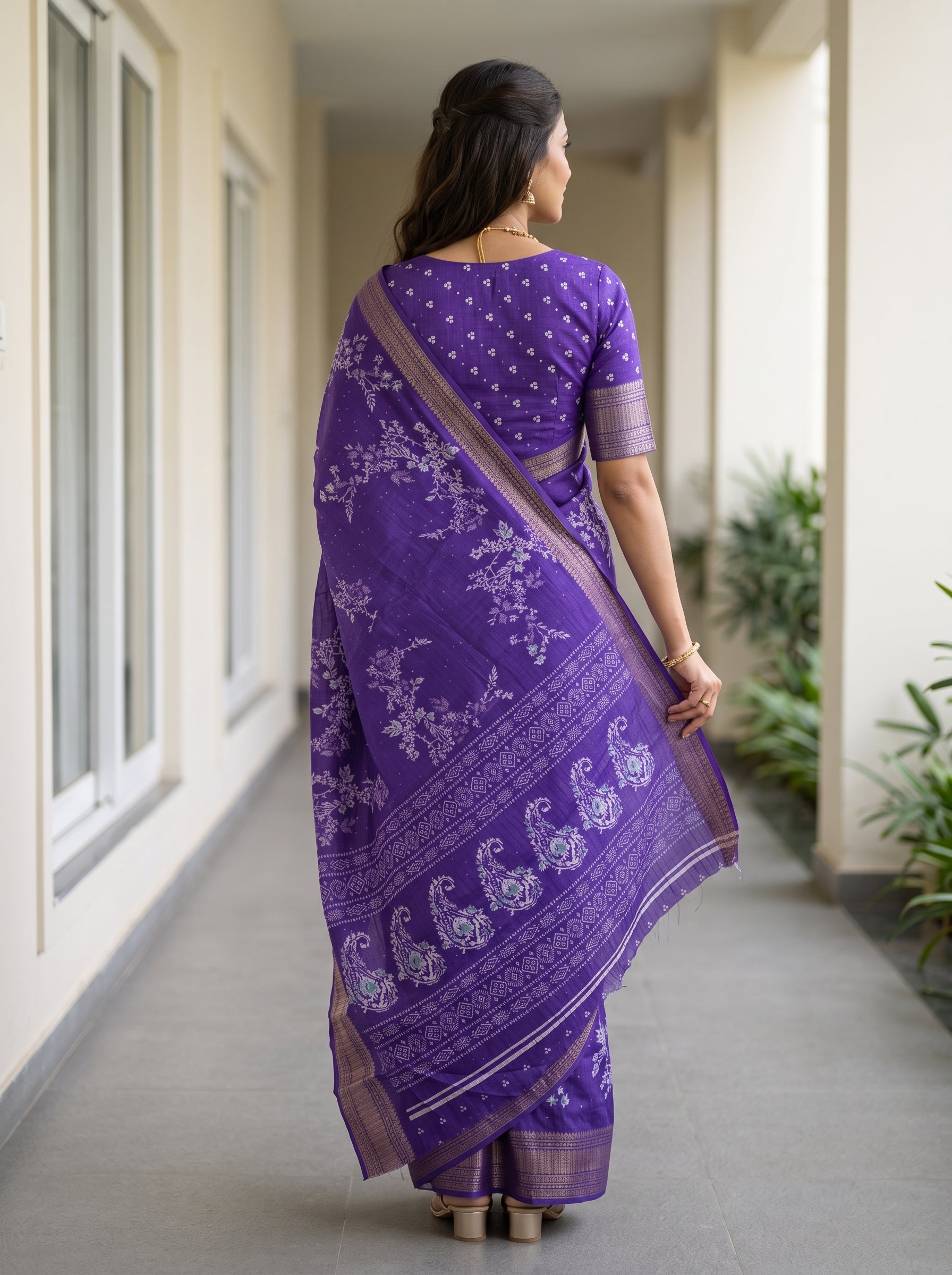 A woman wearing a purple and white printed saree, shown from behind in a corridor.