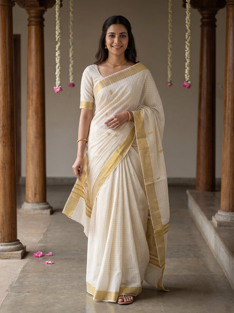 A woman wearing a cream-colored cotton saree with a gold border and matching cream blouse, standing in a traditional corridor with wooden pillars.