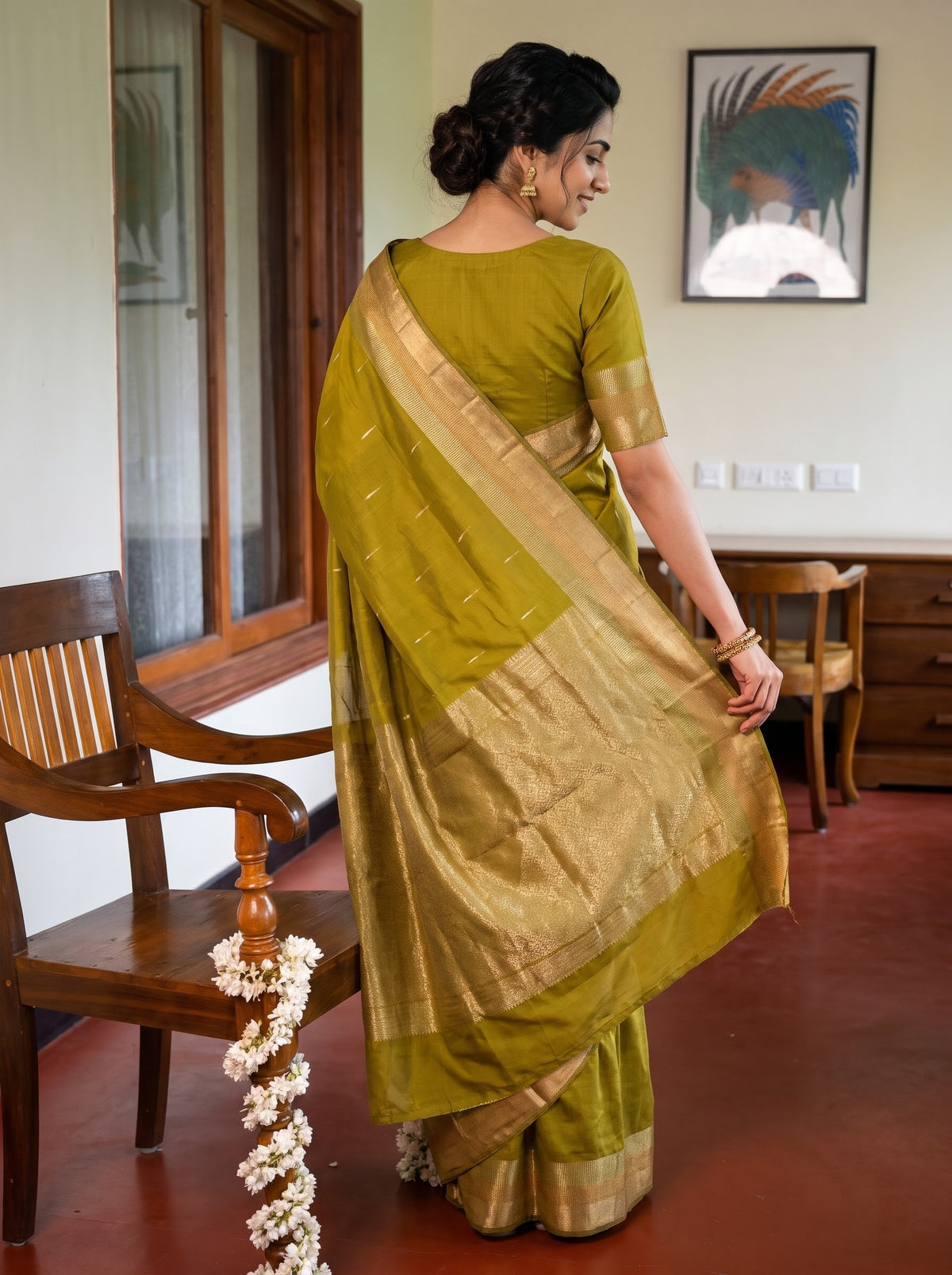 Semi Silk Olive Green Golden Zari Butta Saree with Zari Jaal Pallu