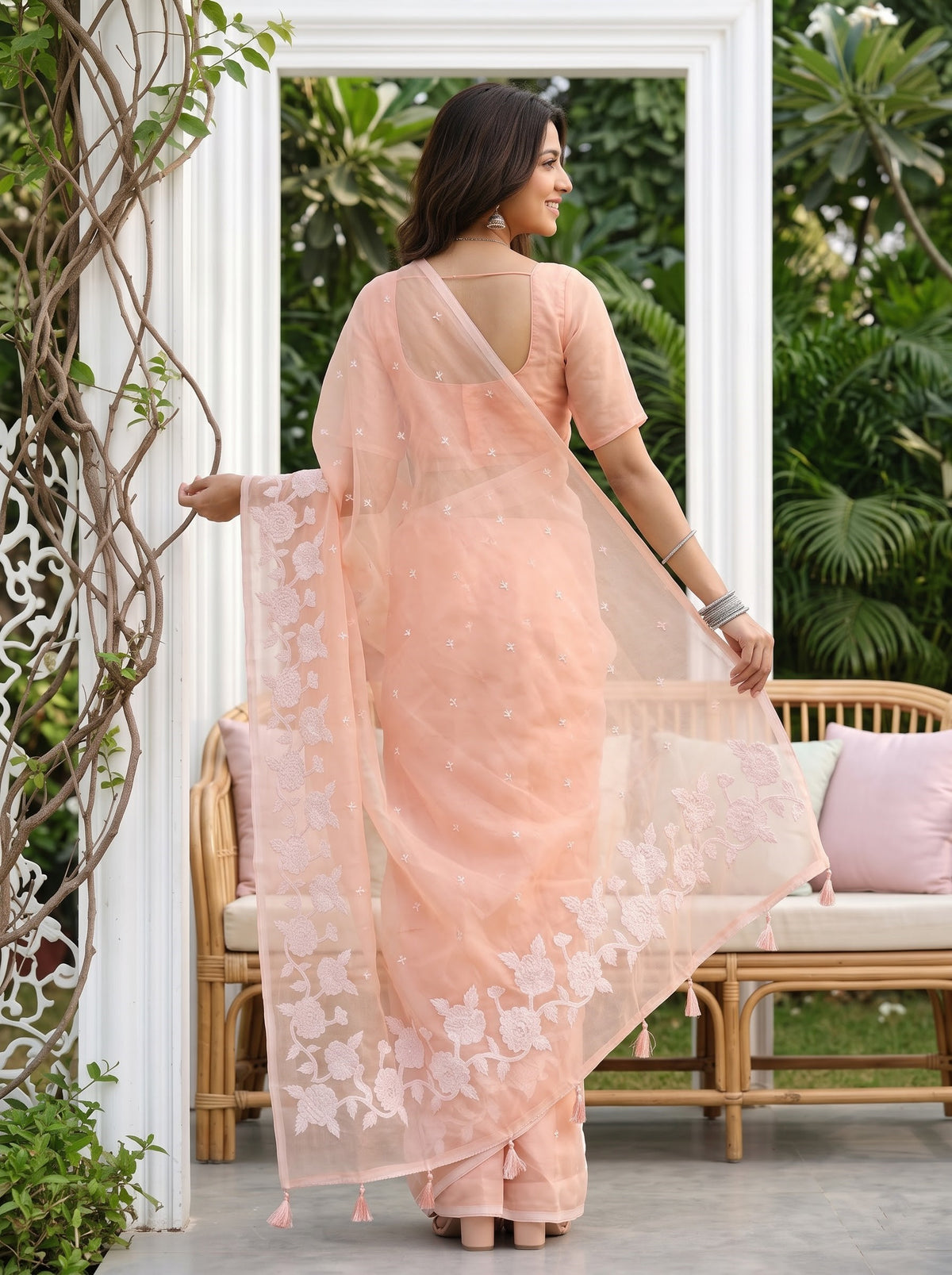 Organza Peach Pink Self-Tone Rose Vine Embroidery Border