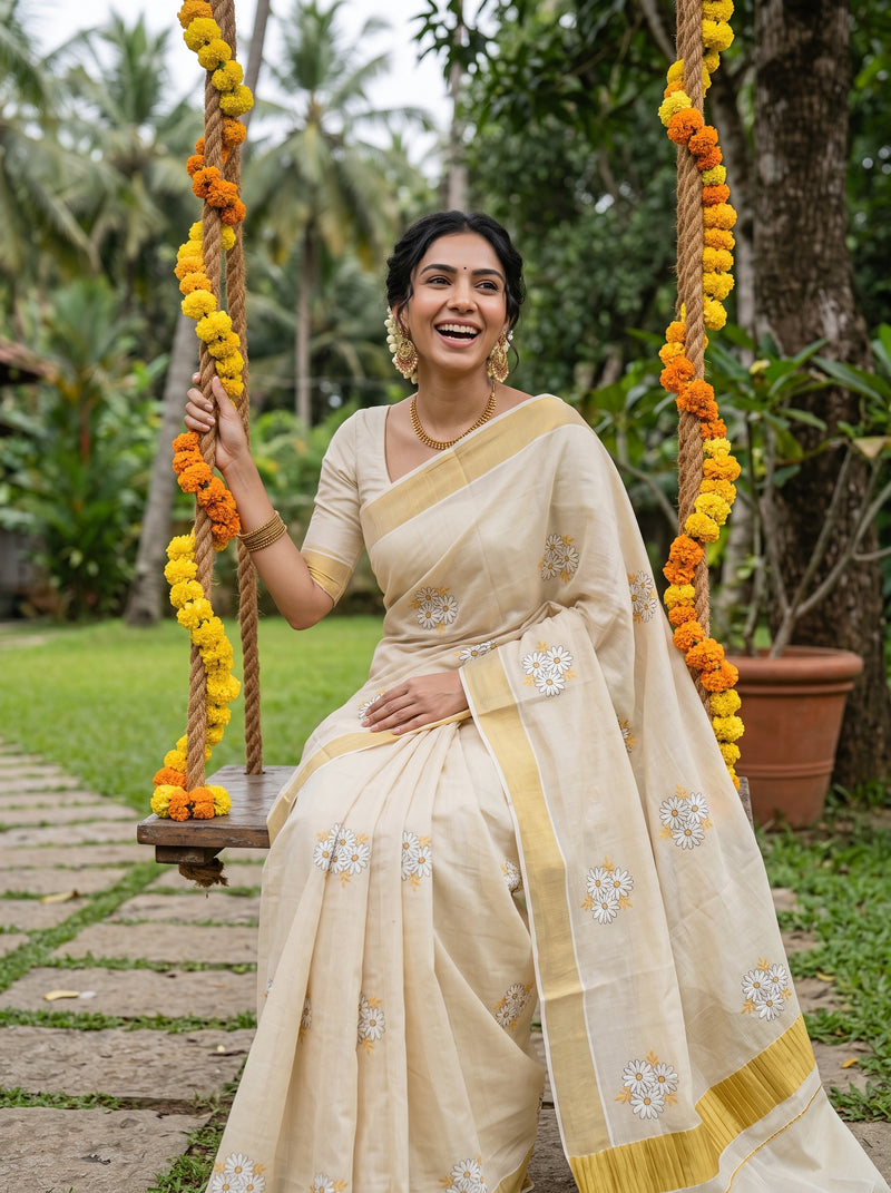 A woman wearing a light beige saree with yellow border and floral embroidery sits on a wooden swing decorated with orange and yellow marigold garlands in a lush green outdoor garden.