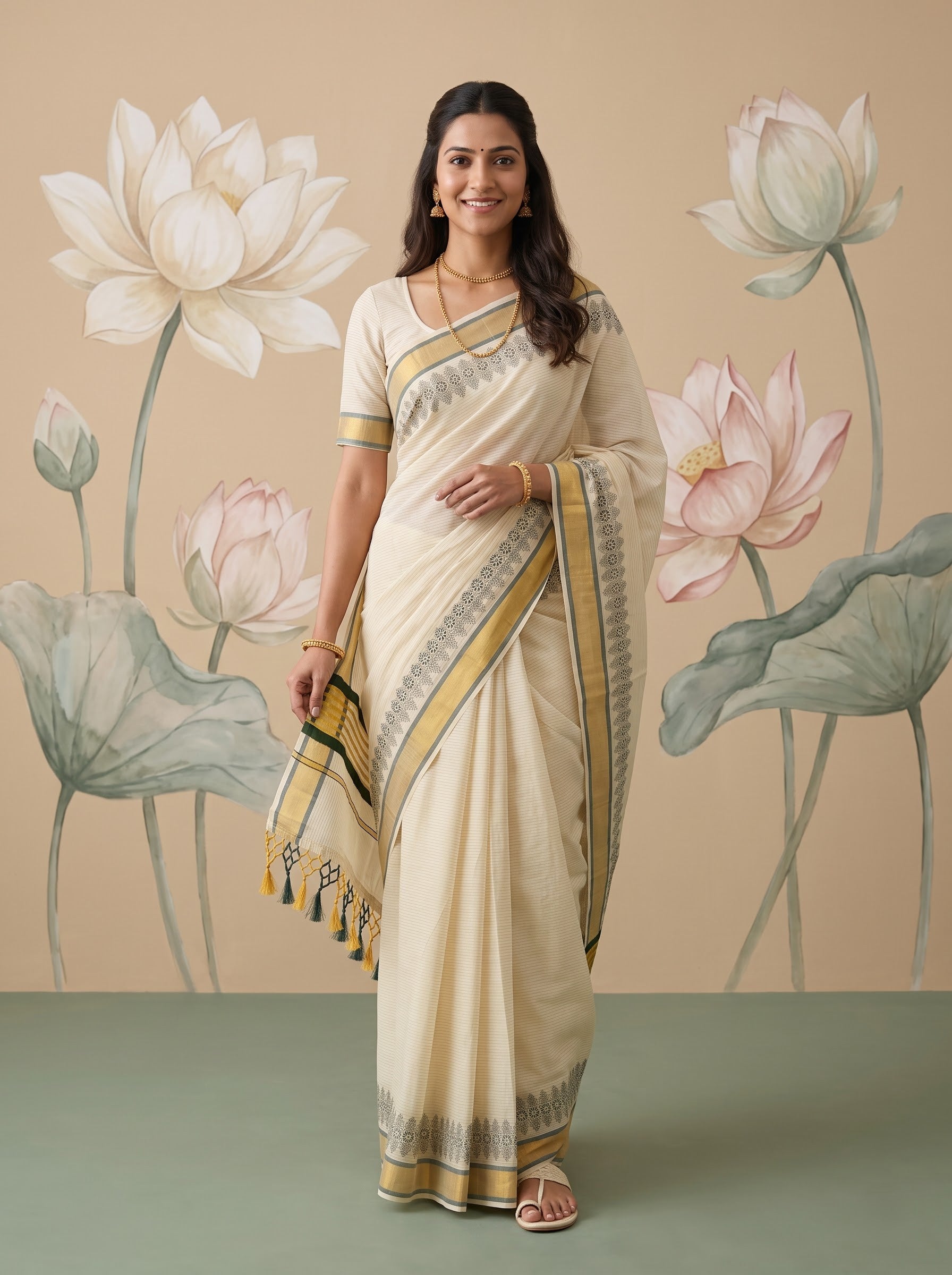 A woman modeling a cream-colored saree with gold and gray patterned borders, standing in front of a beige wall decorated with large lotus flowers.