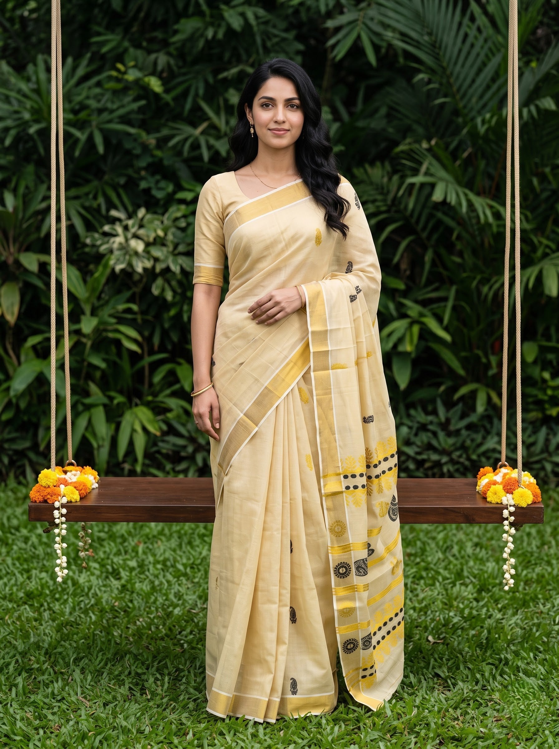 Tissue Golden Cream Paisley Border with Black Zari Stripe Pallu Onam Special Kerala Saree