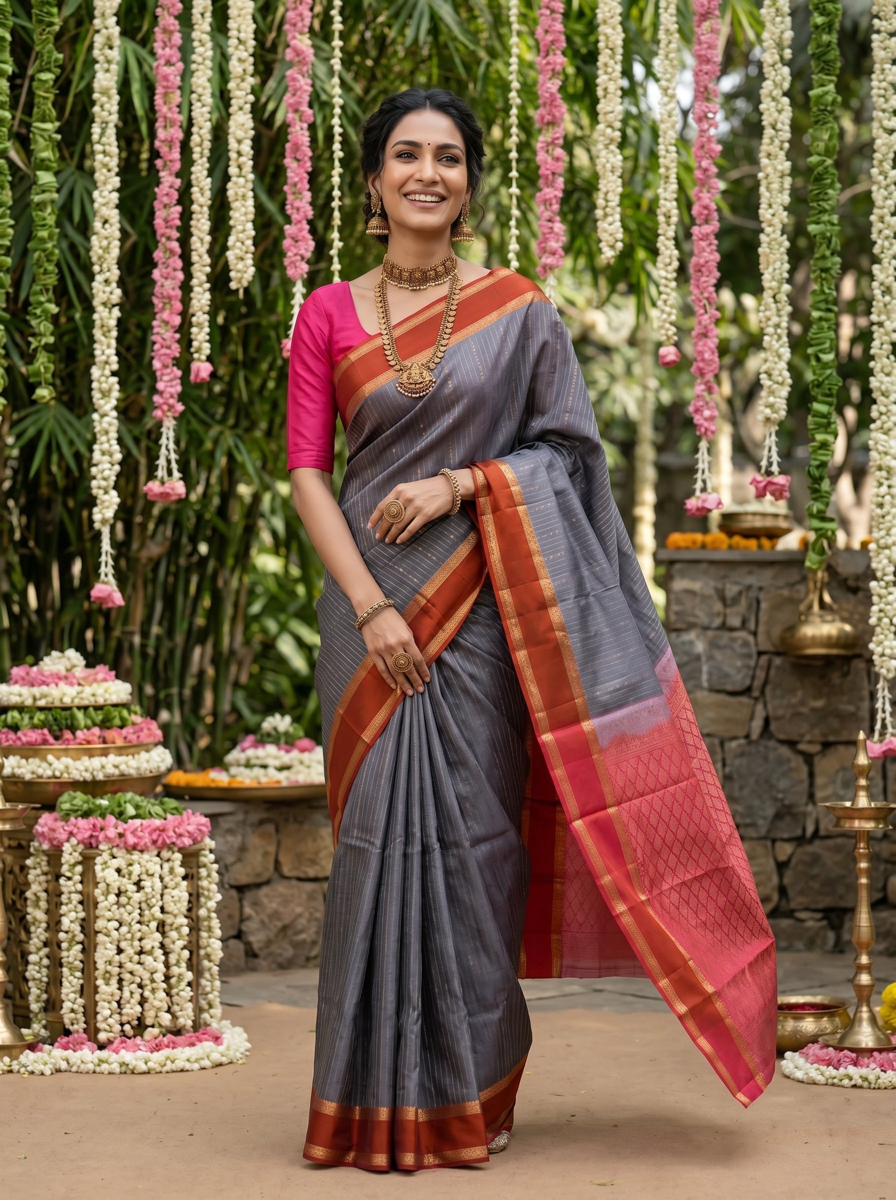 Woman in a traditional saree standing in a decorated outdoor setting with flowers and greenery.