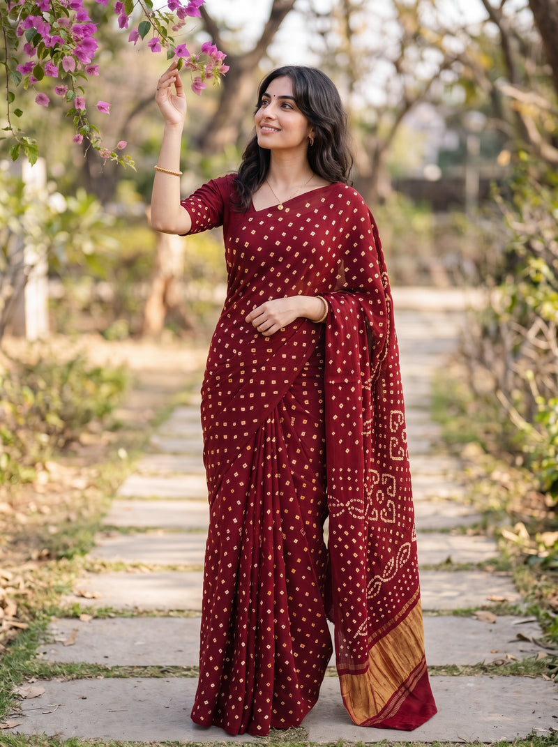 A woman wearing a deep red maroon Bandhani saree with white tie-dye dots and a gold border, standing on a stone path in a garden.