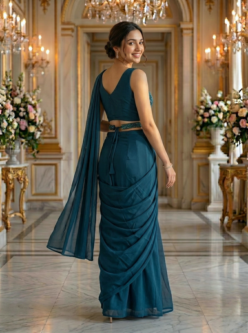 Satin Organza Teal Blue Ready-to-Wear Designer Saree with Sequins Embellished Blouse