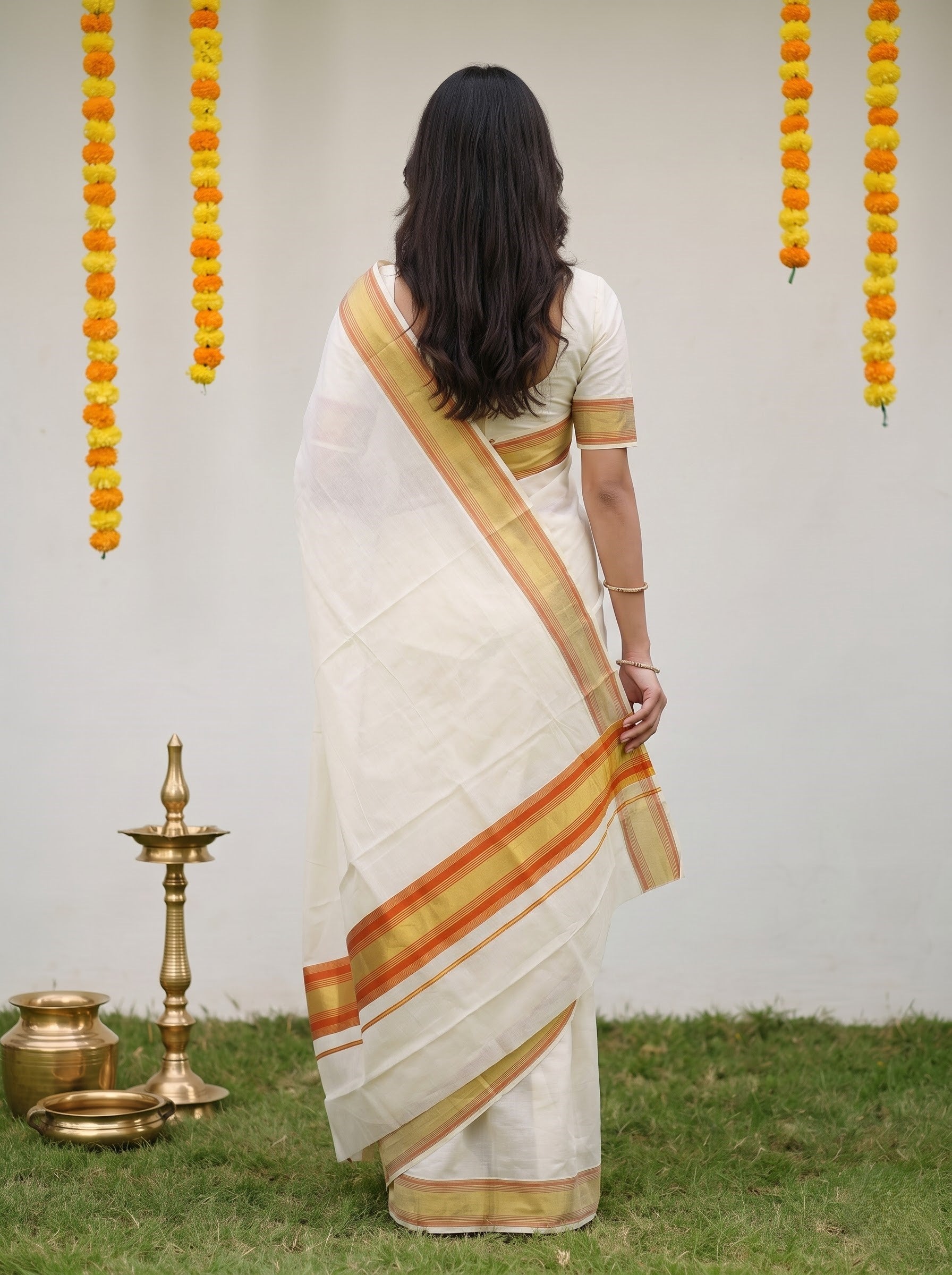 Cotton Cream Plain with Golden Orange Striped Border Onam Special Kerala Kasavu Saree