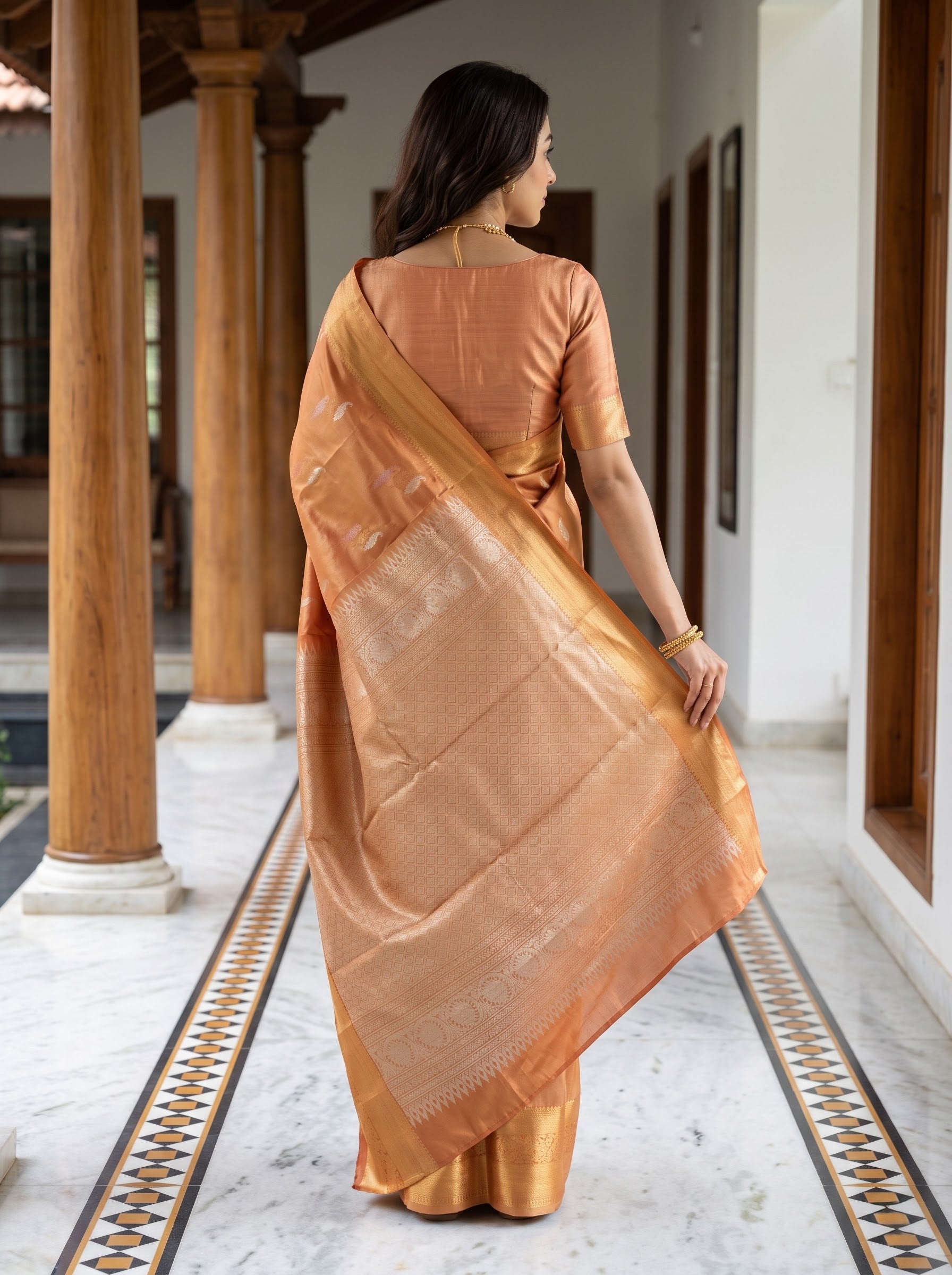 Semi Silk Copper Gold Paisley Zari Border Wedding Saree