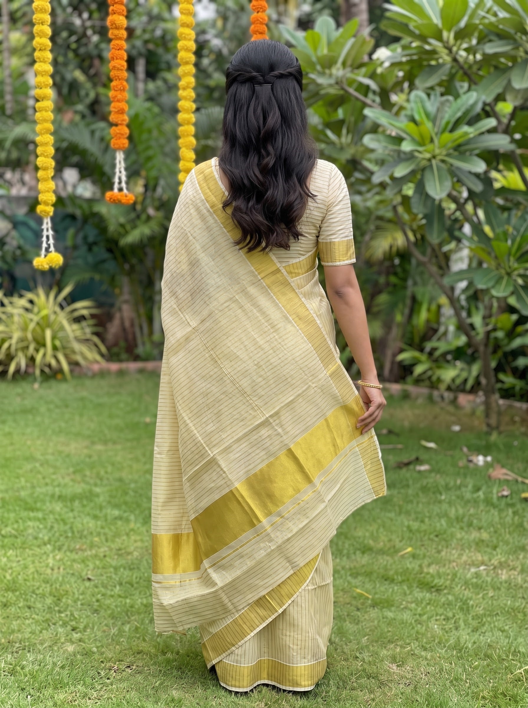 Tissue Cream Pinstripe with Yellow Golden Border Onam Special Kerala Saree