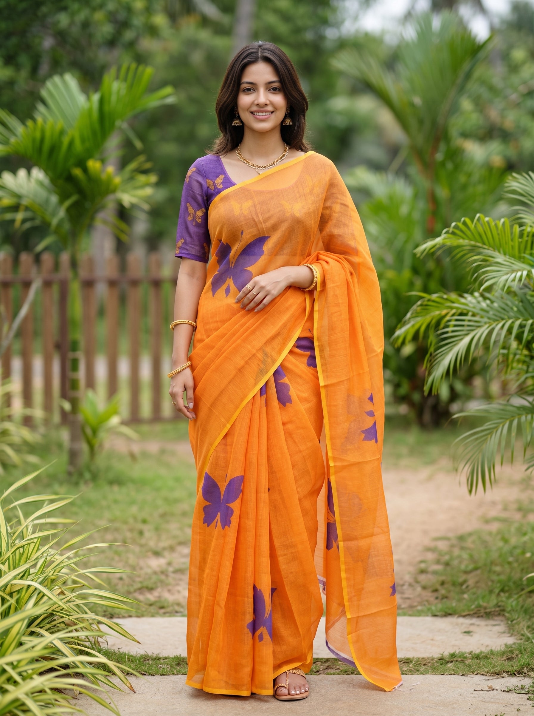 A woman wearing a bright orange saree with purple butterfly prints and a purple blouse, standing outdoors in a garden setting with green plants and a wooden fence in the background.