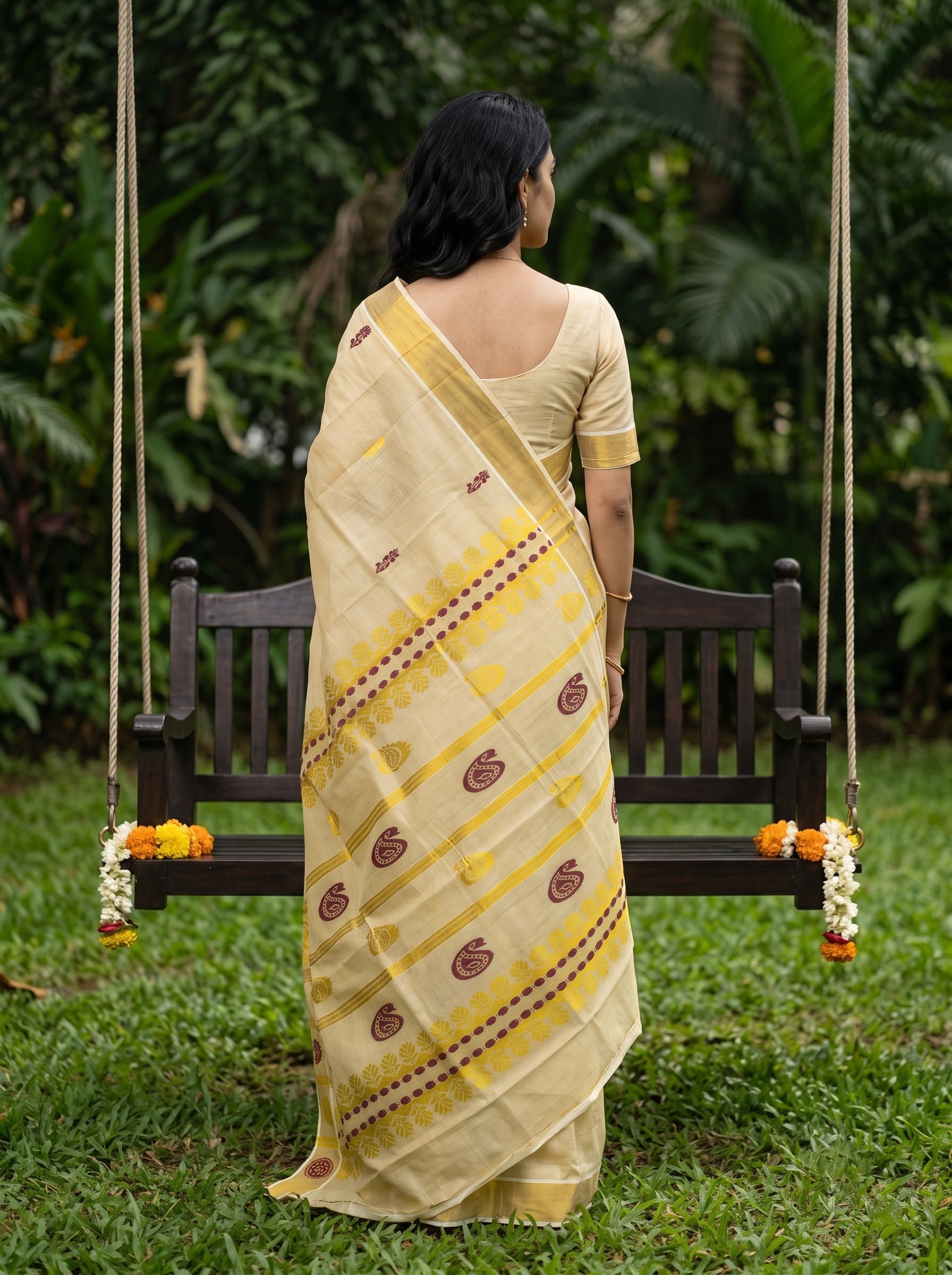 Tissue Golden Cream Paisley Border with Zari Stripe Pallu Onam Special Kerala Saree