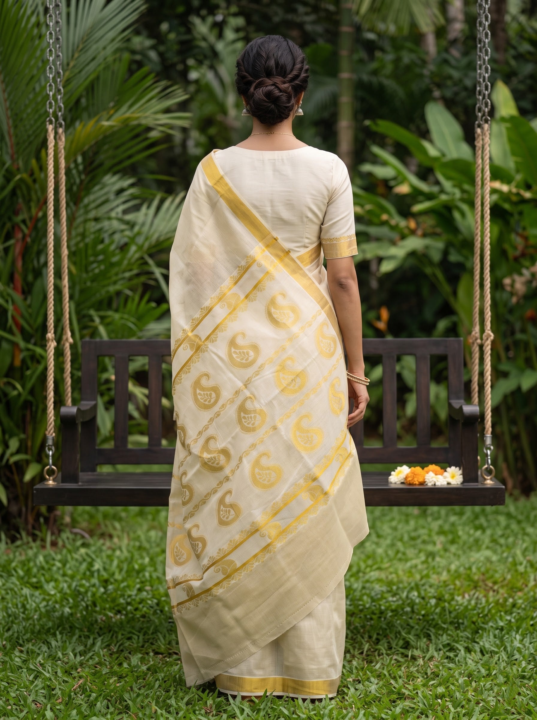 Tissue Cream Tone-on-Tone Golden Paisley Print with Golden Border Onam Special Kerala Saree