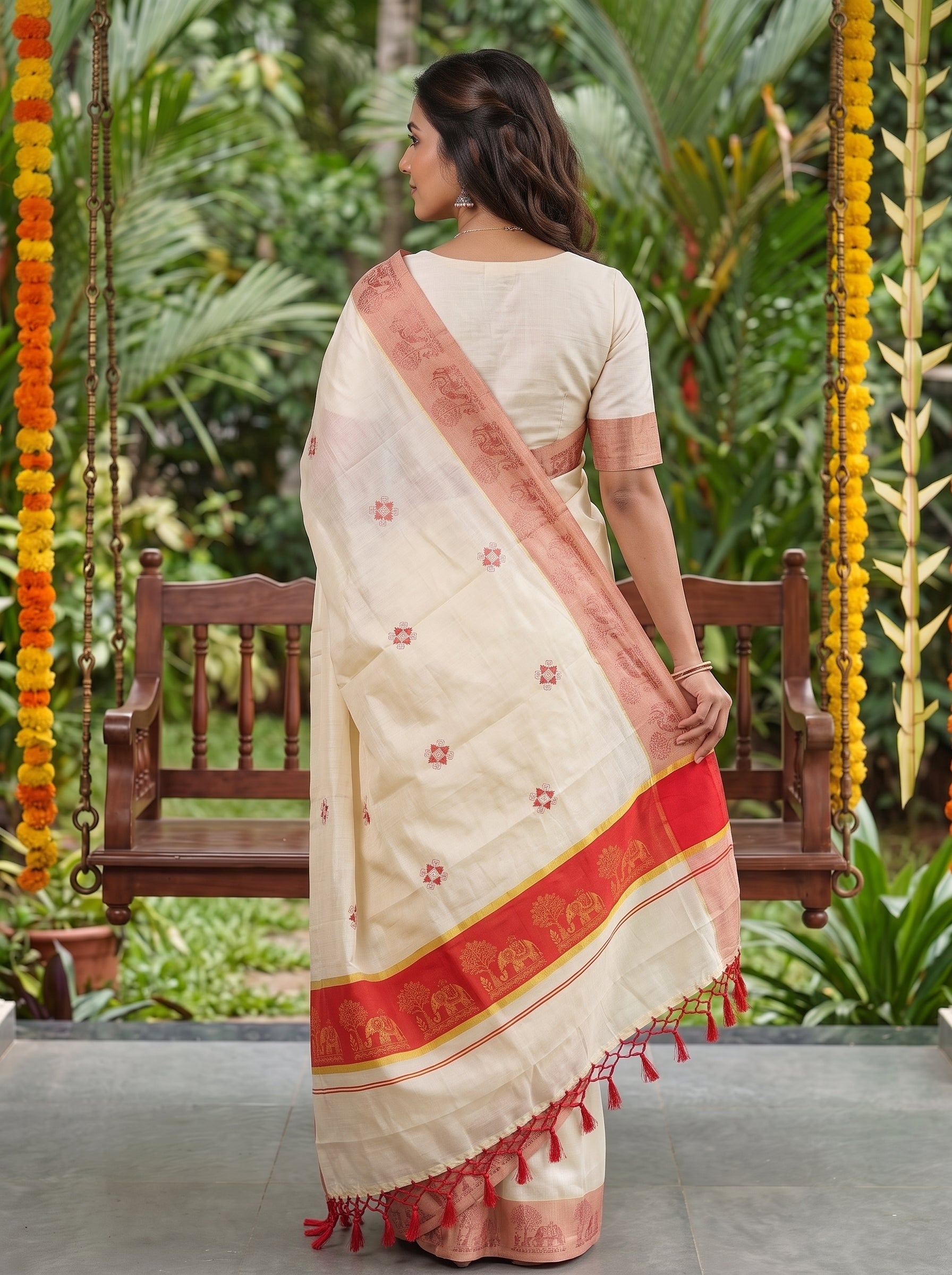 Tissue Cream Red Mural Elephant Border Onam Kerala Saree