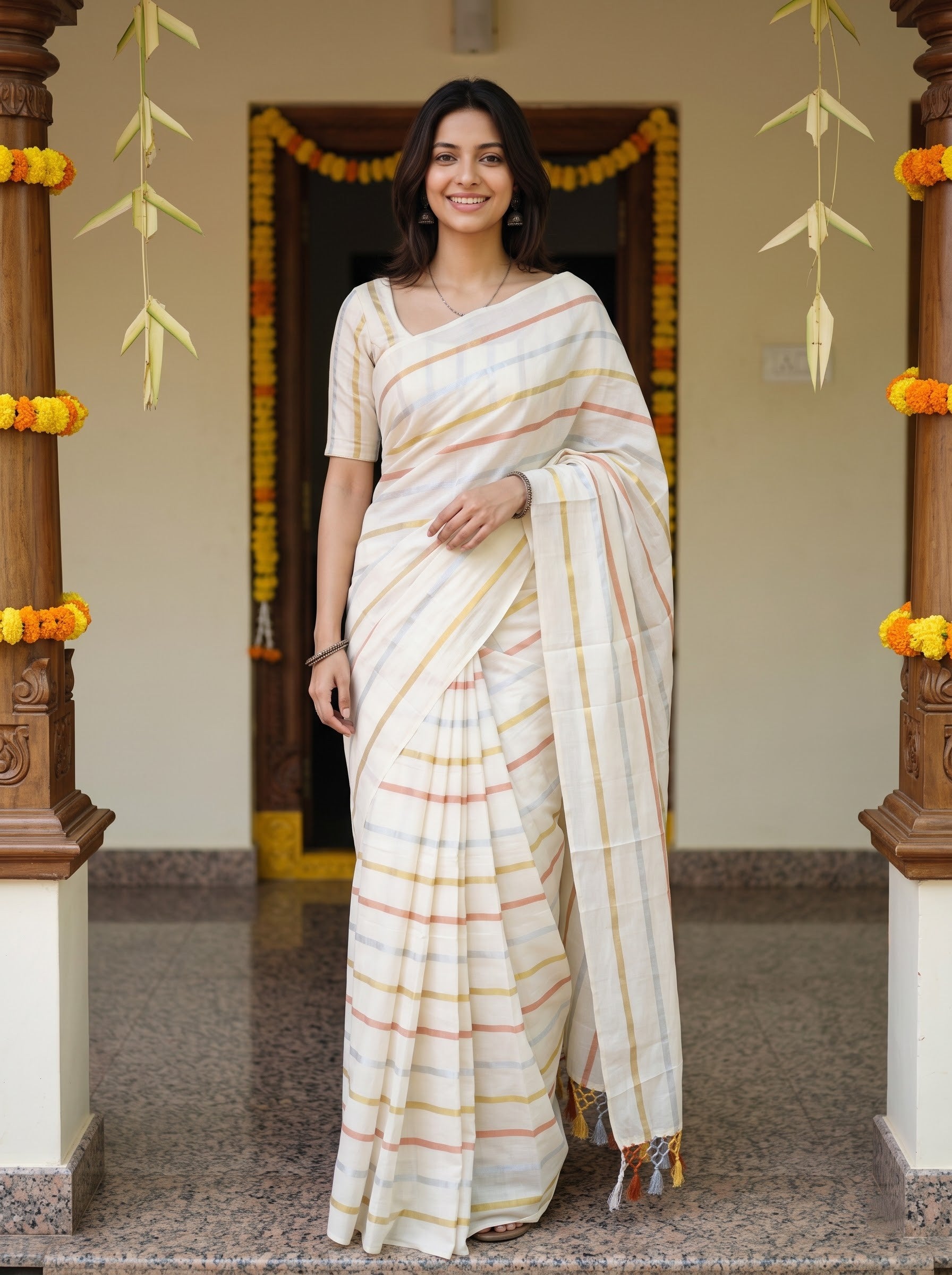 A woman wearing a white cotton saree with thin orange and yellow stripes, standing in a decorated doorway with wooden pillars and marigold garlands.