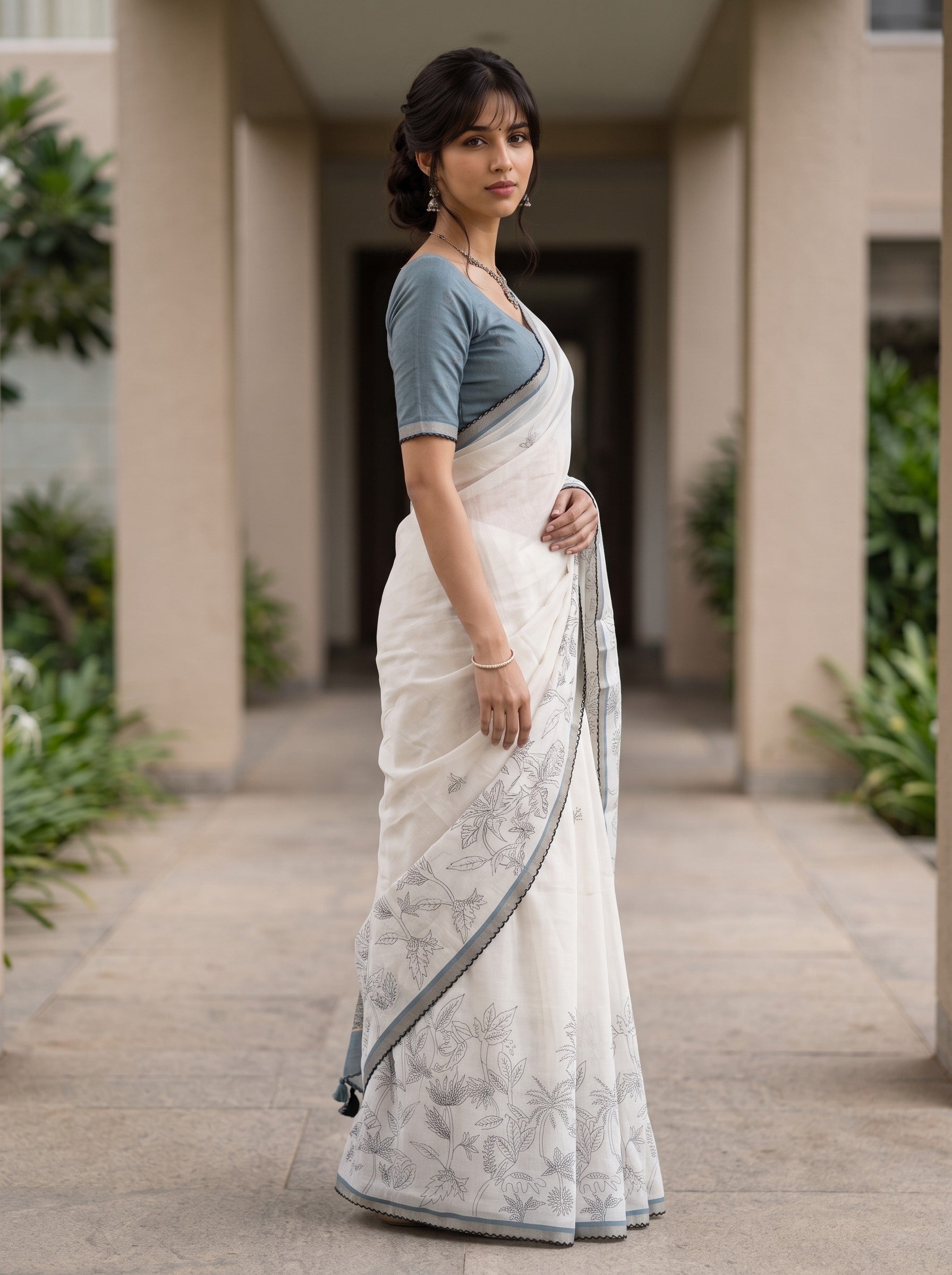 A woman wearing a white saree with gray floral patterns and a slate blue short-sleeve blouse, standing in a covered walkway.