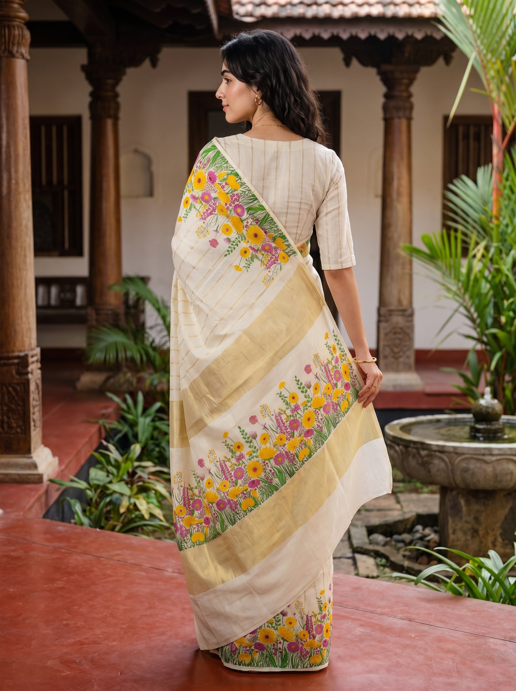 Cotton Cream Multicolor Floral Garden Print Border Kerala Kasavu Saree