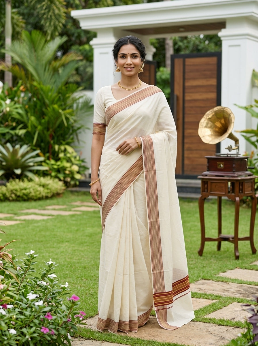 A woman wearing a cream-colored cotton saree with brown and gold border stripes, standing in a lush green garden courtyard next to a vintage gramophone.