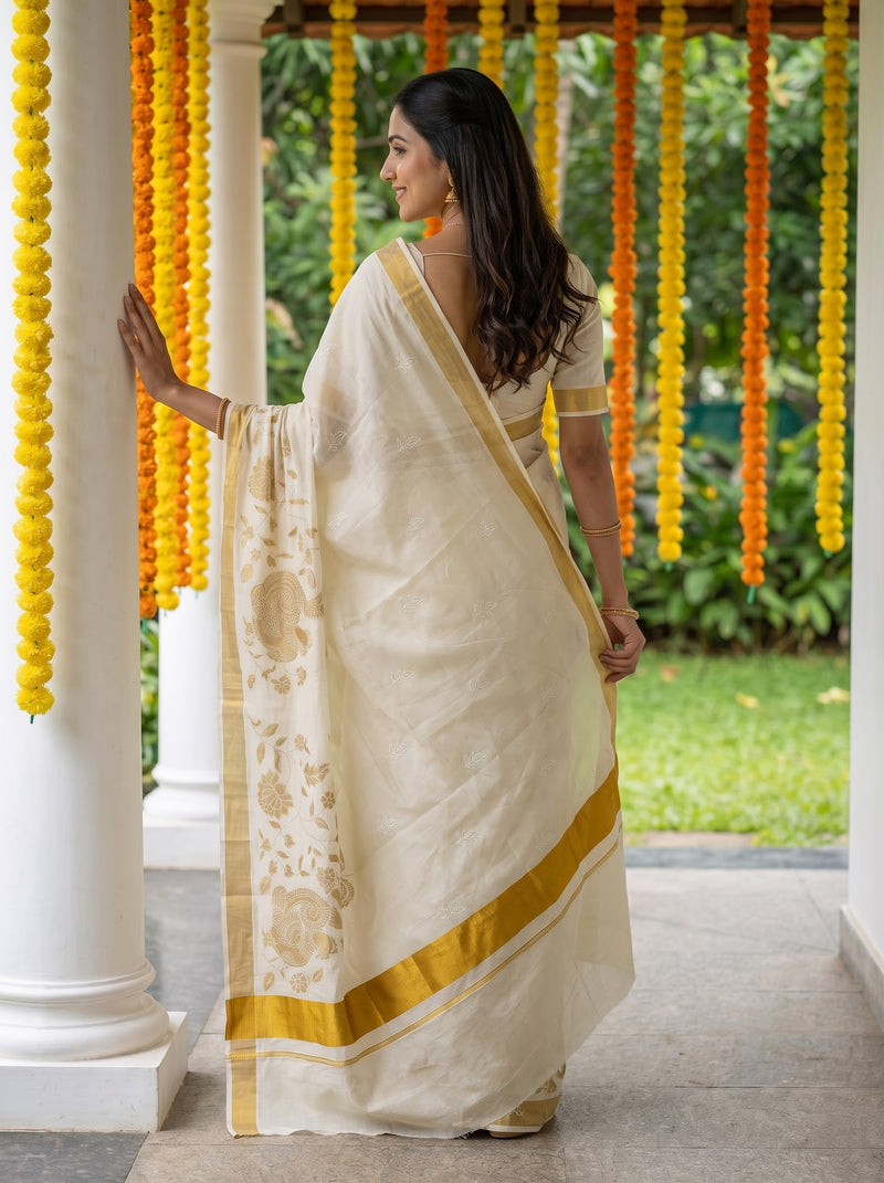 A woman wearing a cream-colored silk saree with gold border and floral motifs, standing in a garden corridor decorated with yellow marigold garlands.