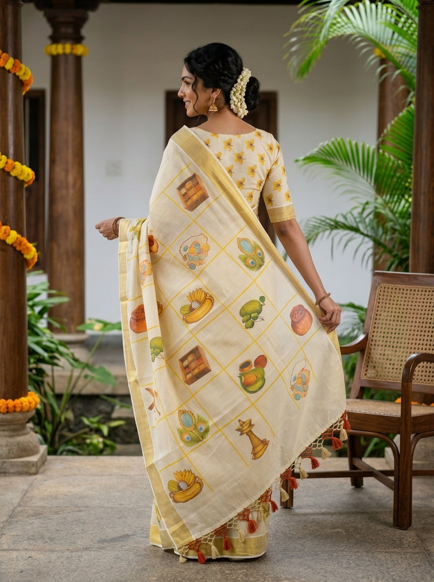 Tissue Cream Yellow Floral Cascade Print Pallu Motif Saree with Tassels